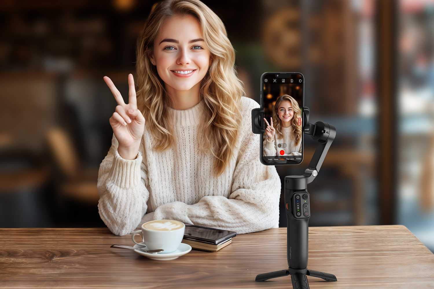 Hohem iSteady X3 SE woman drinking coffee