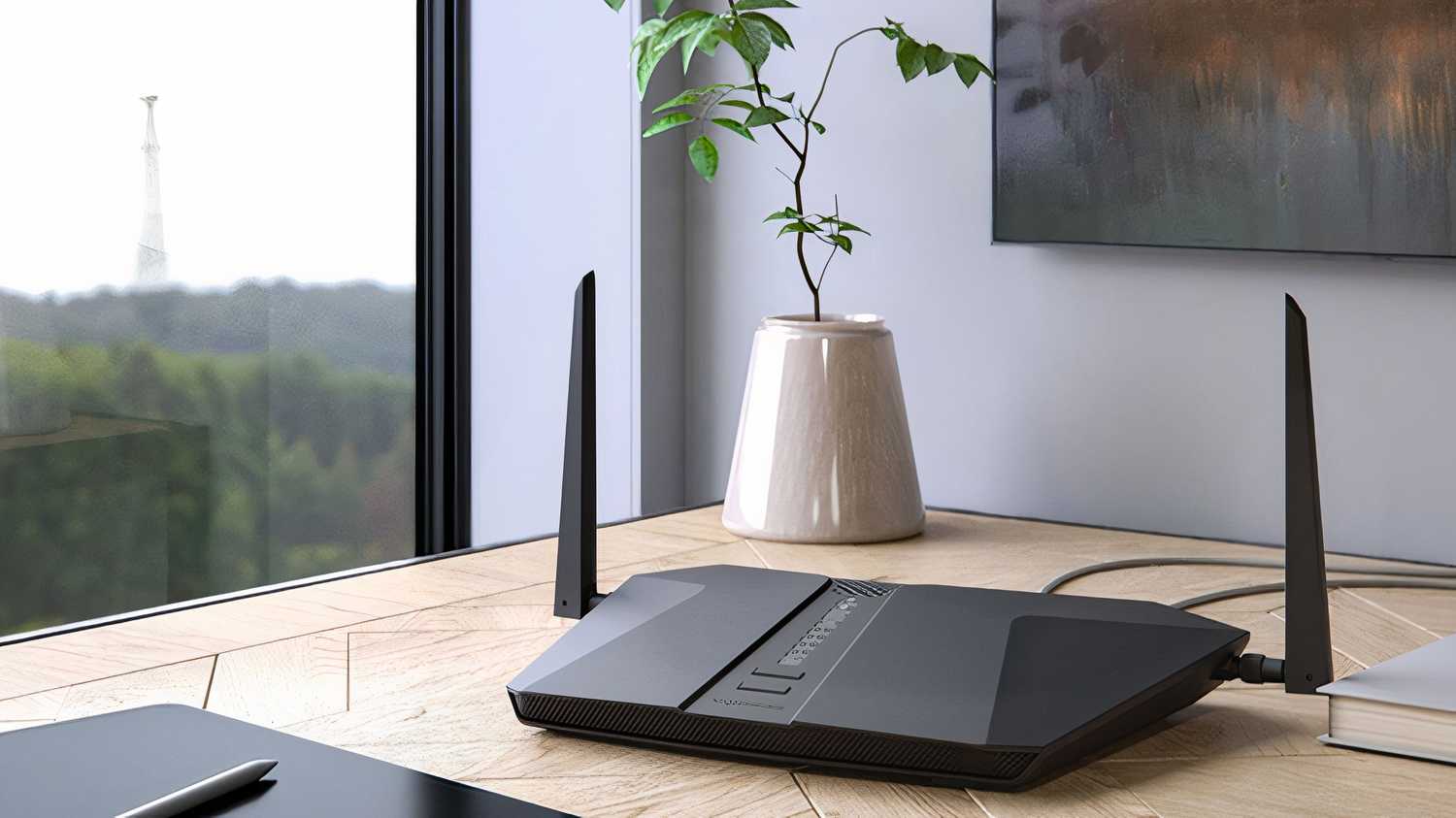 A Netgear Wi-Fi 6E router on a desk. 