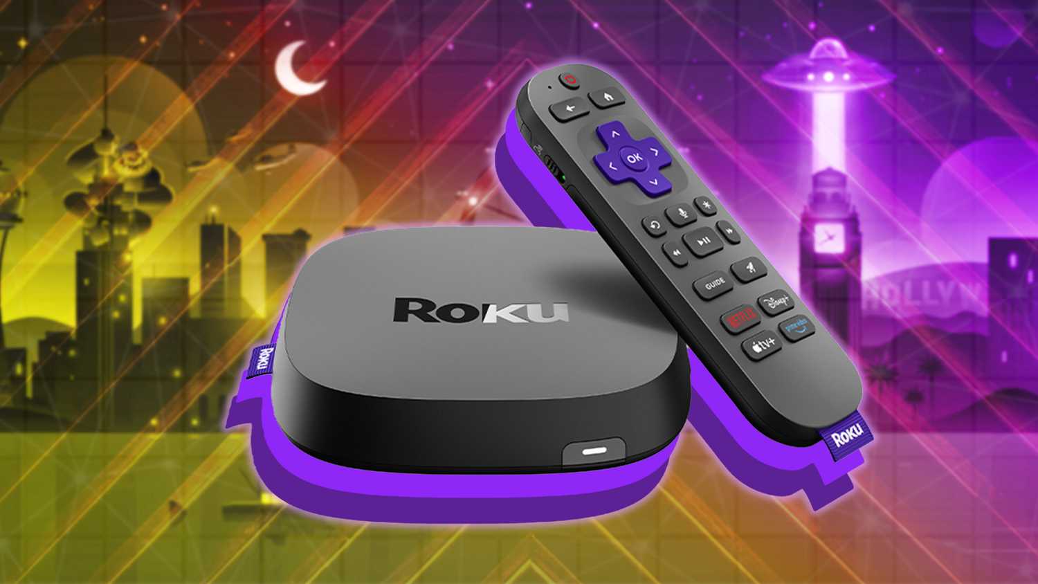 A Roku remote and device in front of Roku City.
