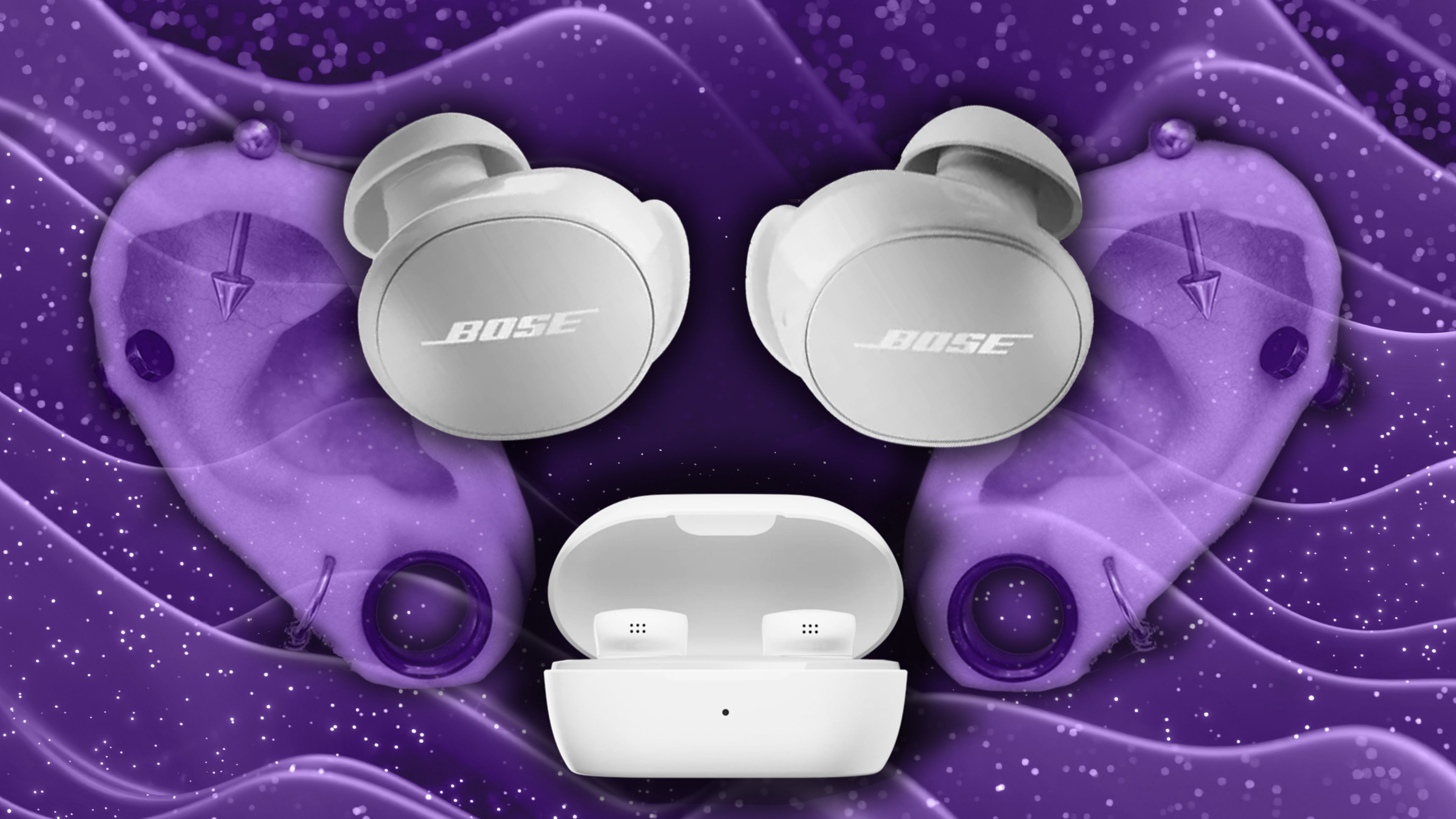 Bose new QuietComfort Earbuds  in front of ears with piercings. 