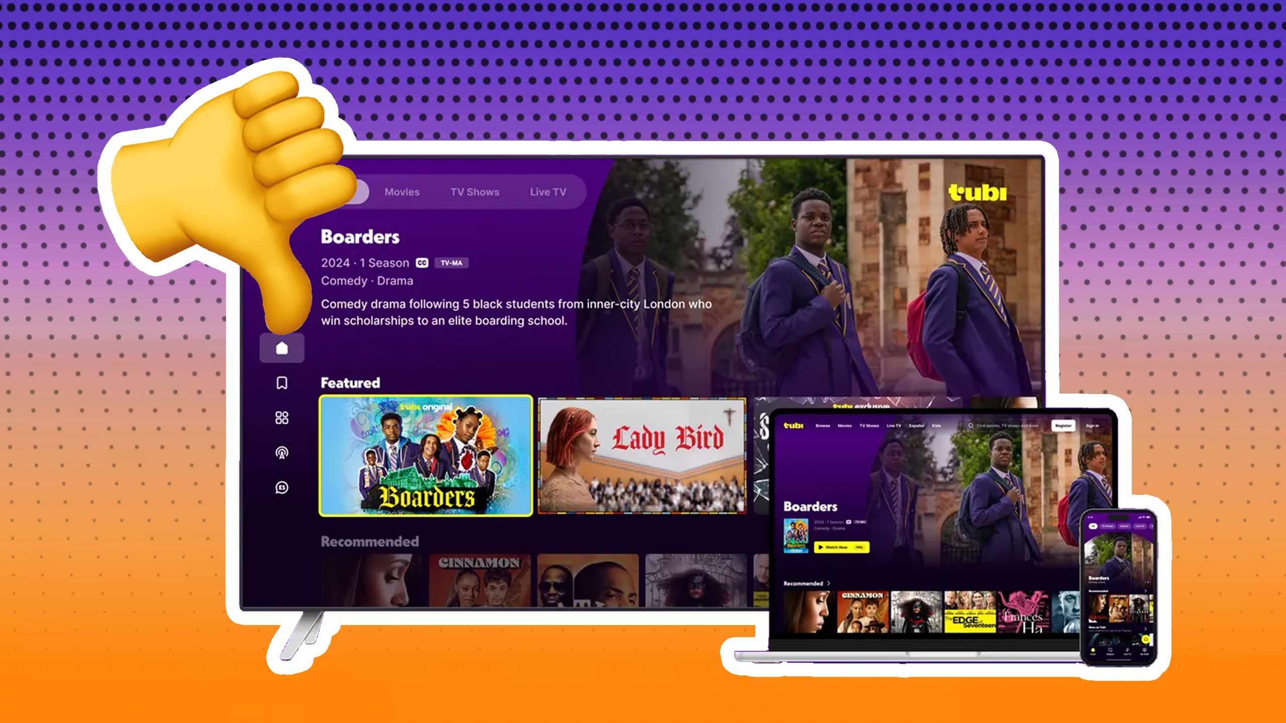 Tubi TV on three different devices with a thumbs down. 