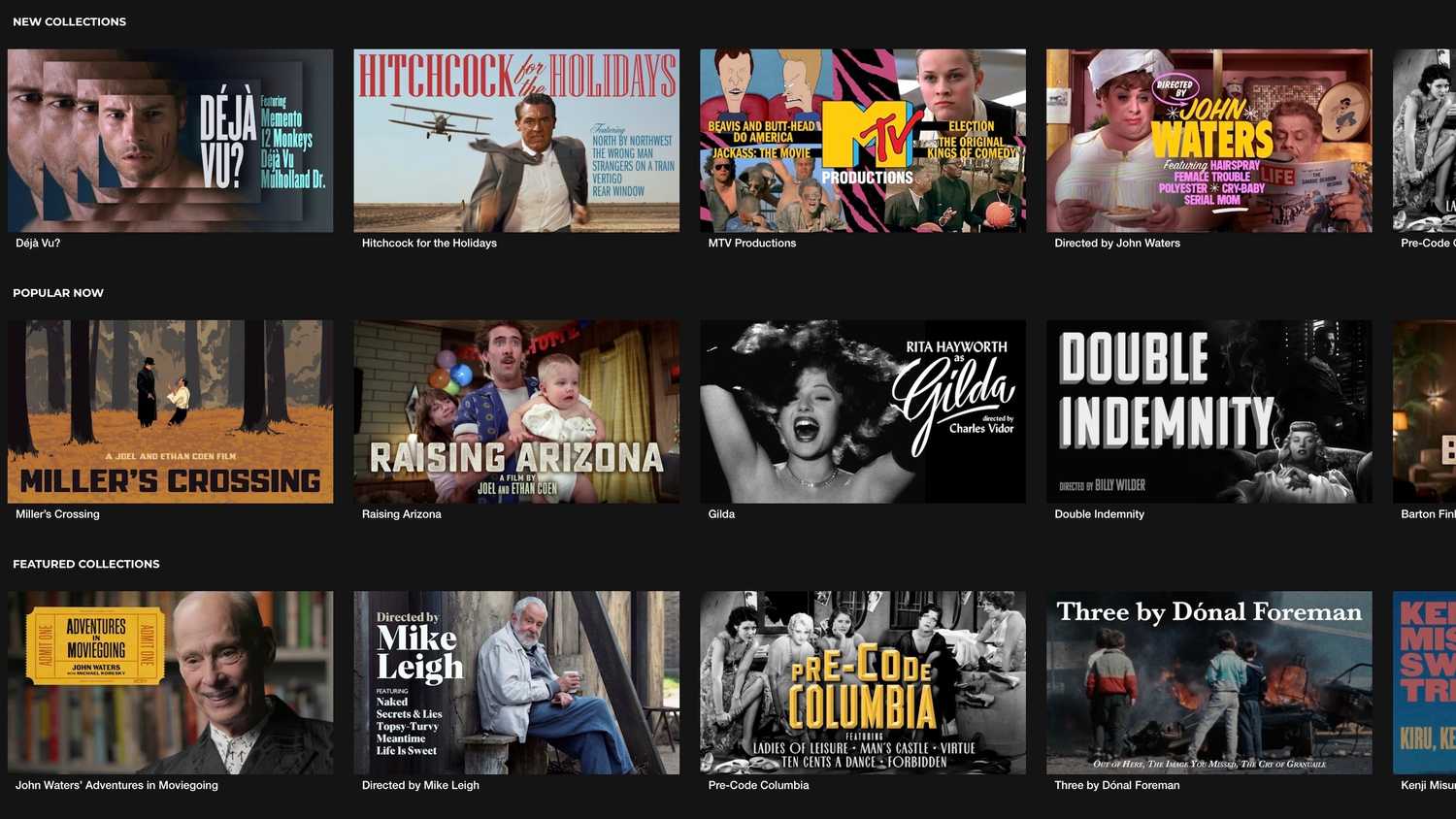 Criterion main page featuring three rows of movie titles. 