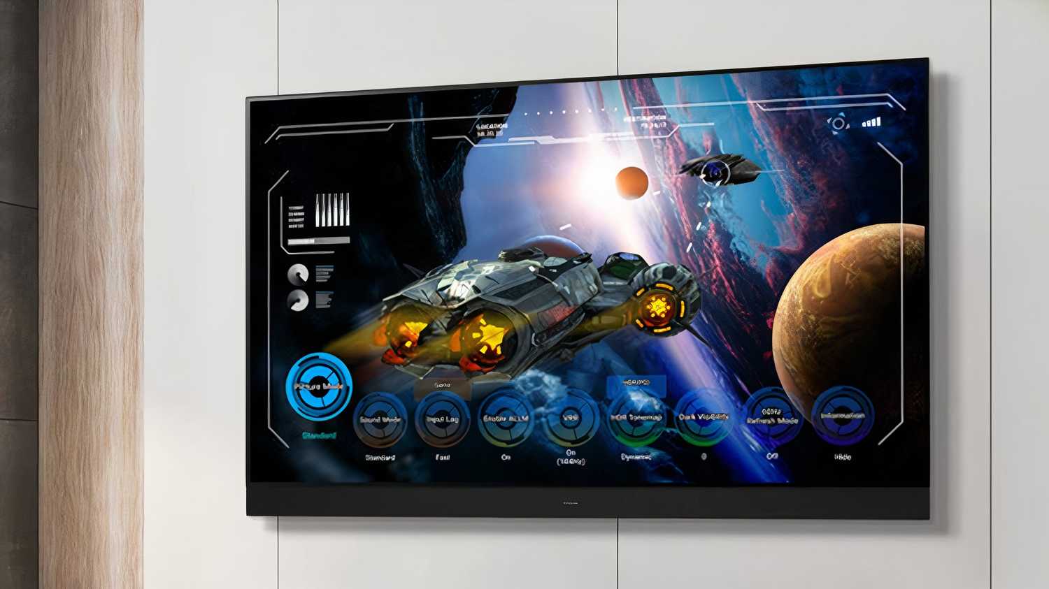 A Panasonic OLED TV with a spaceship on it. 
