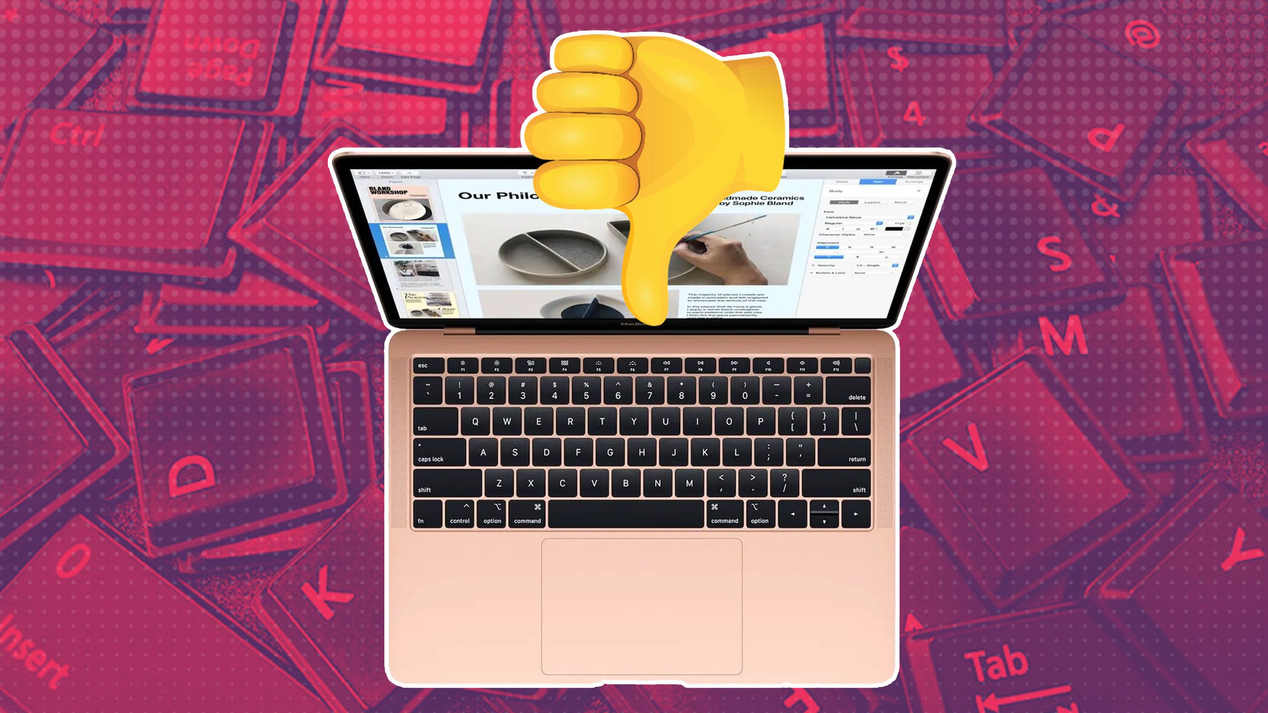 A MacBook with butterfly keys and a thumbs down. 