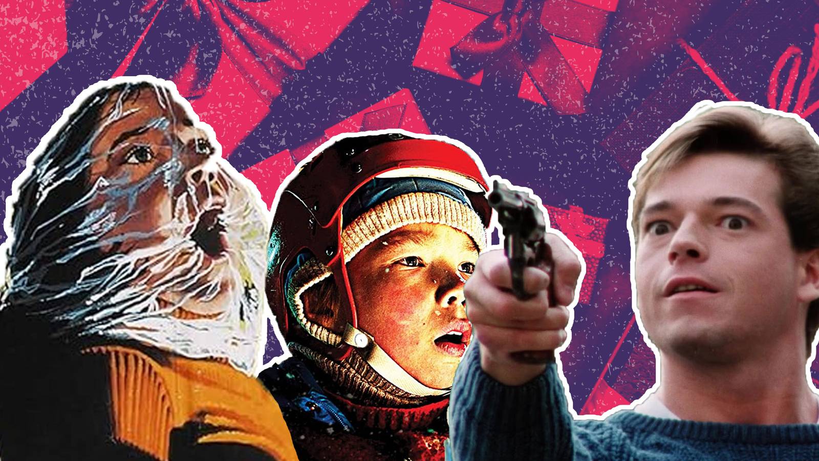 Three people in horror movies in front of gifts. 