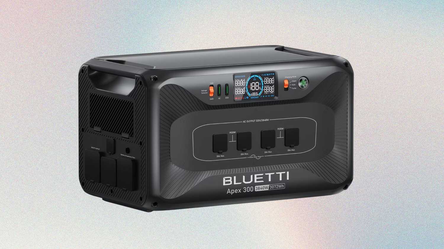 Bluetti Apex 300 against a gradient background. 