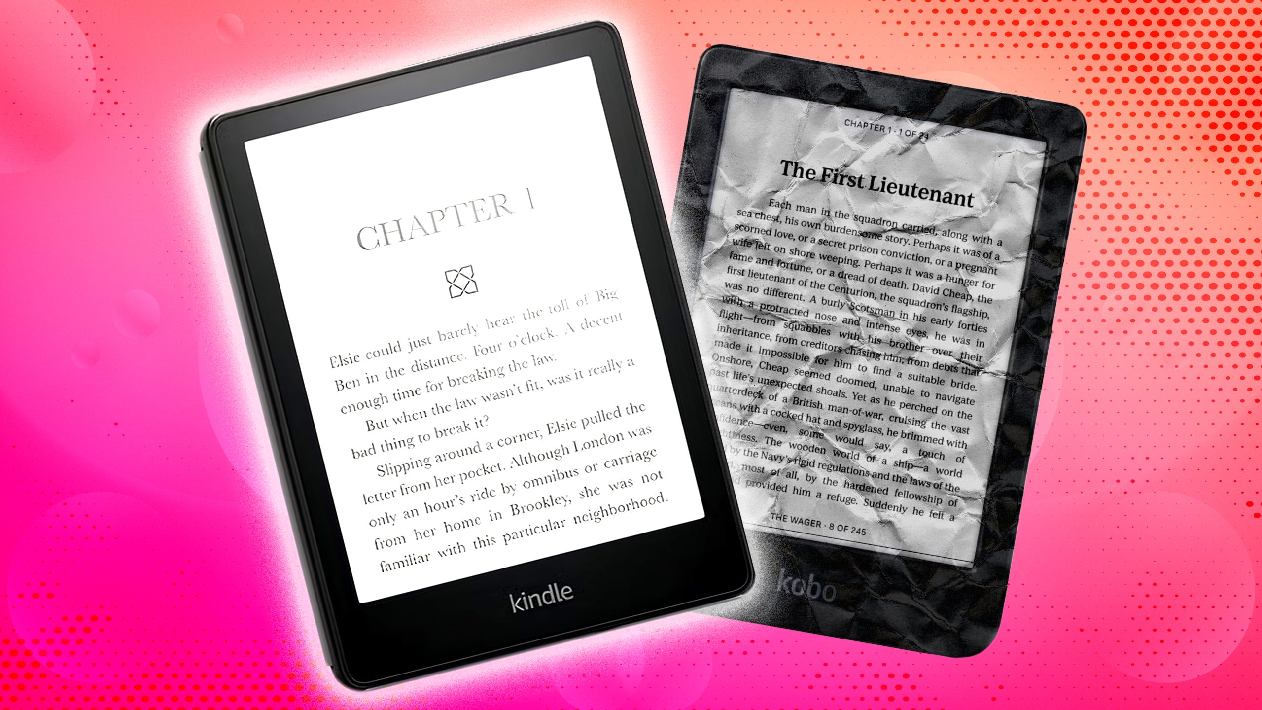 A Kindle Paperwhite and a Kobo Clara side by side. 