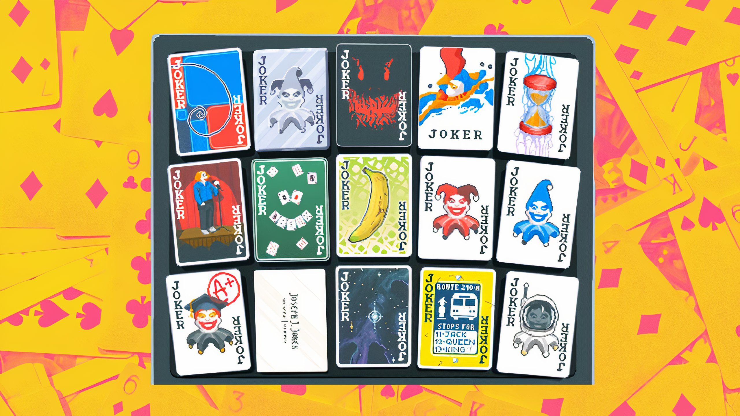 A screenshot of Jokers from Balatro on a background of playing cards.