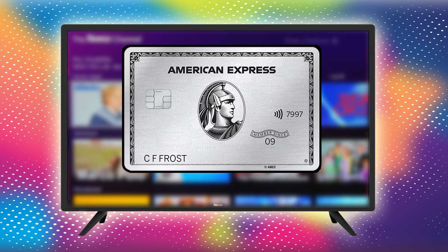 A credit card in front of a Roku TV.