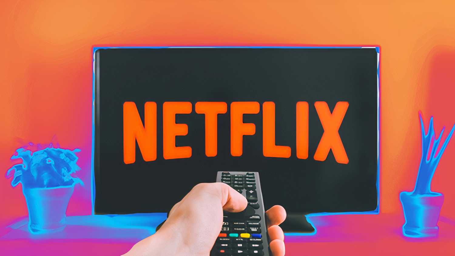 A hand pointing at the Netflix logo with a remote.