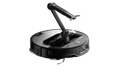 A circular robot vacuum with an arm coming out of the top.