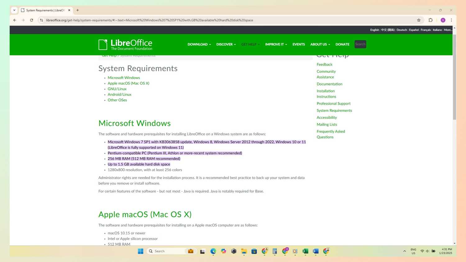 System requirements in LibreOffice. 
