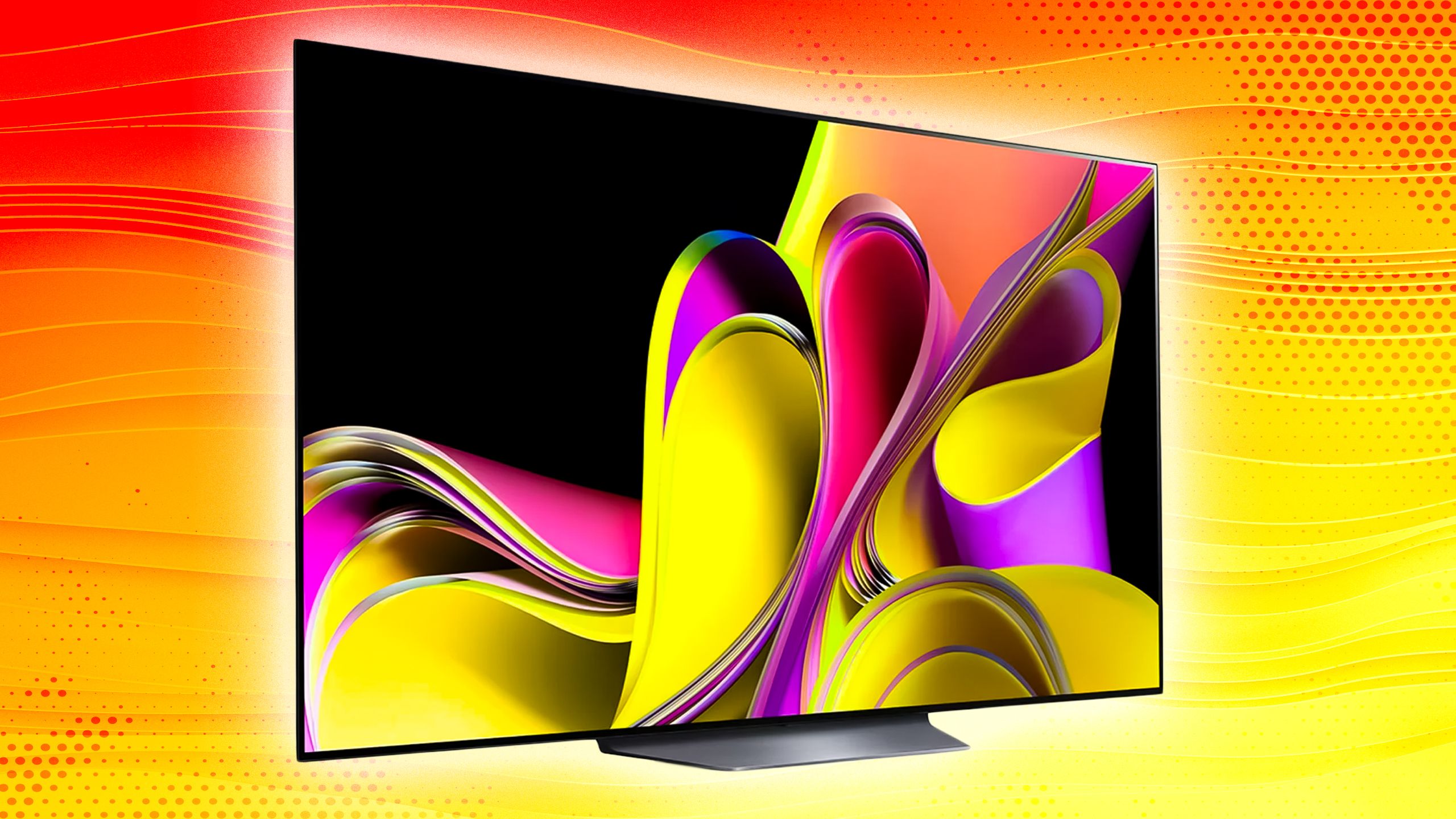 An OLED TV on a red and yellow background. 