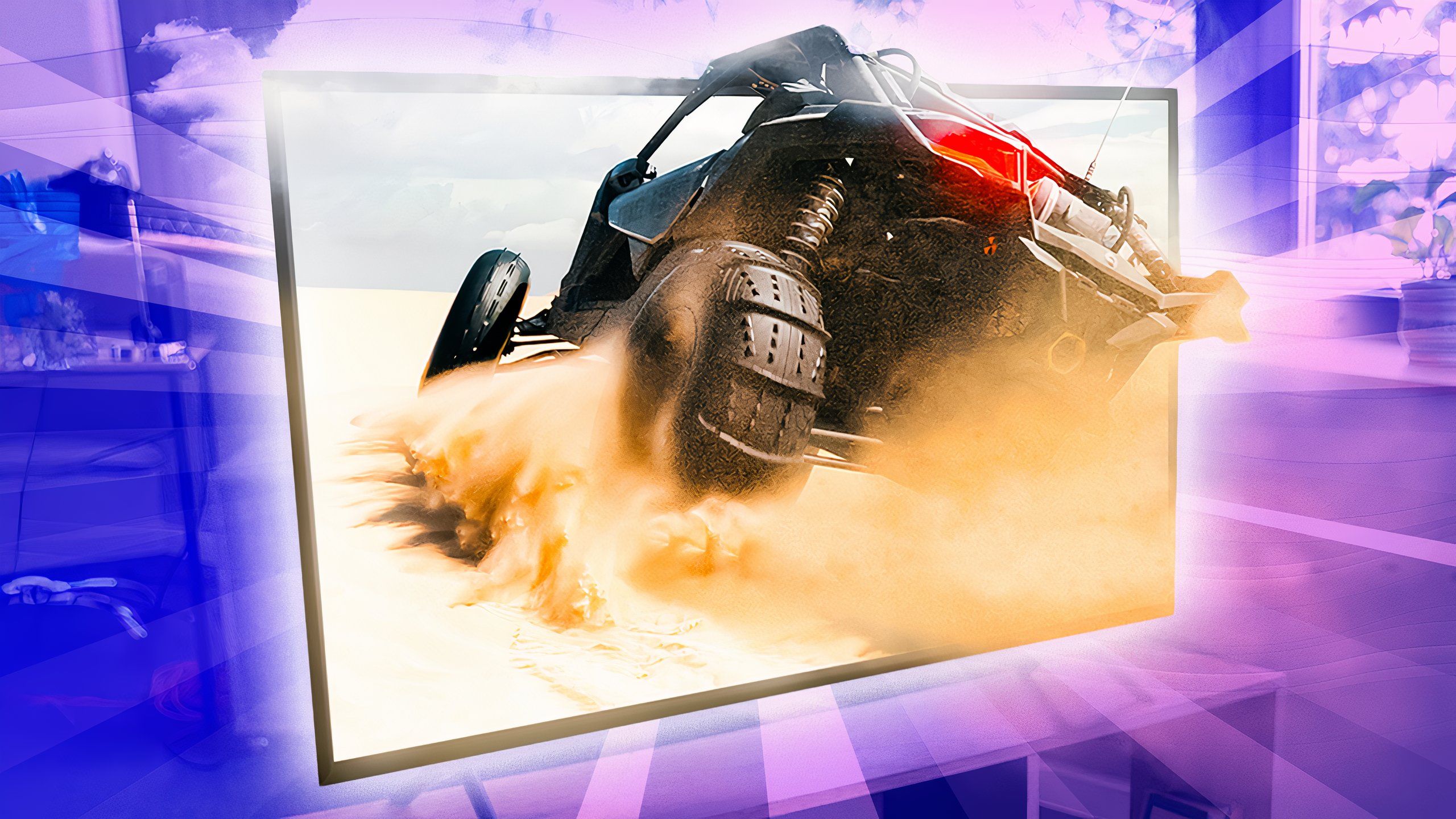 A truck coming out of the dust. 