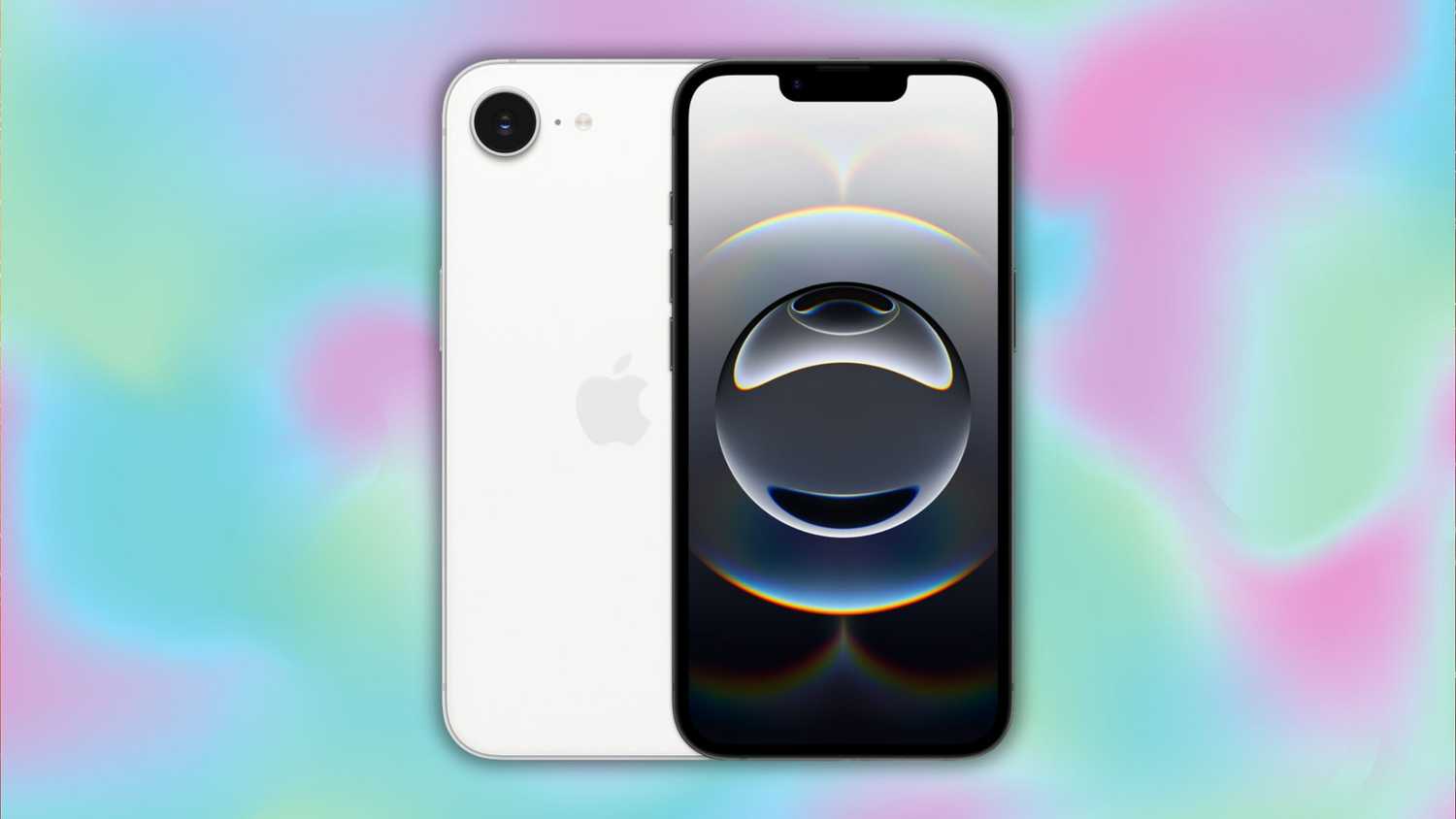 iPhone 16e render on a gradient backdrop
