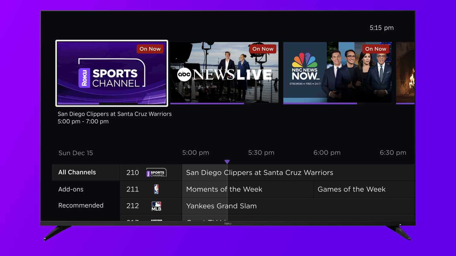 Personalized live TV row on Roku TV