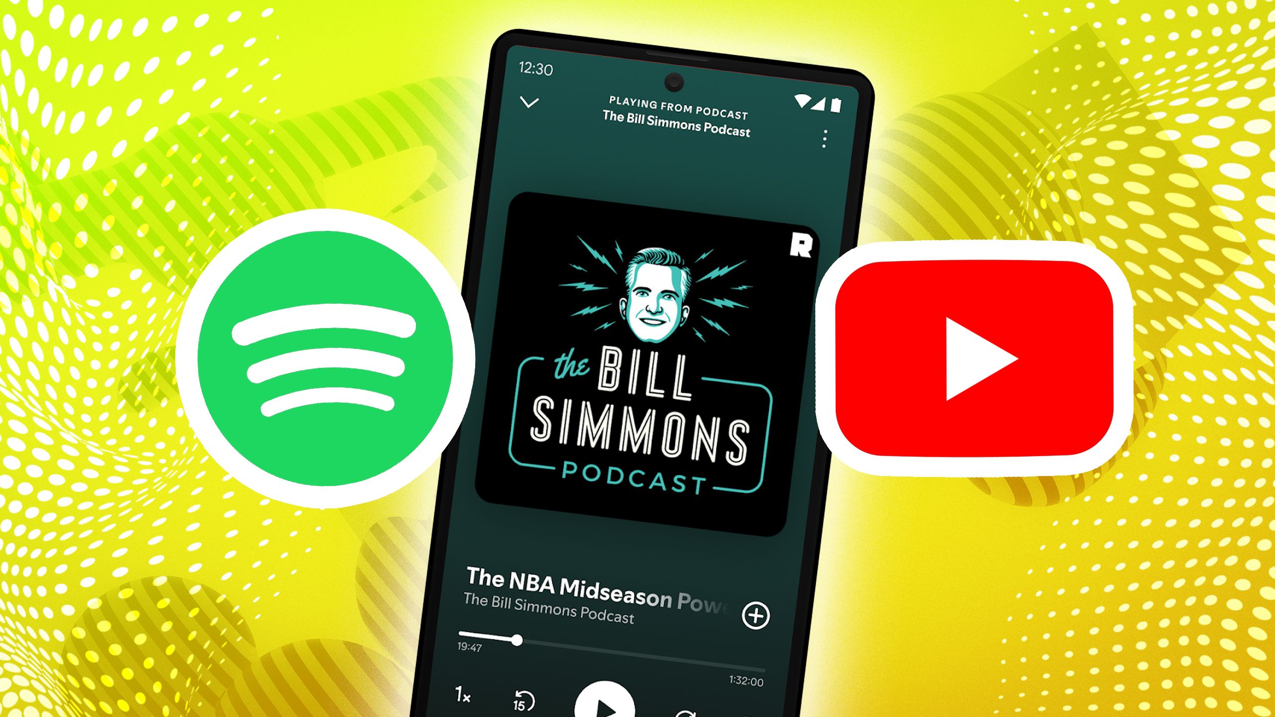 The Spotify and YouTube icons on either side of an Android phone. 