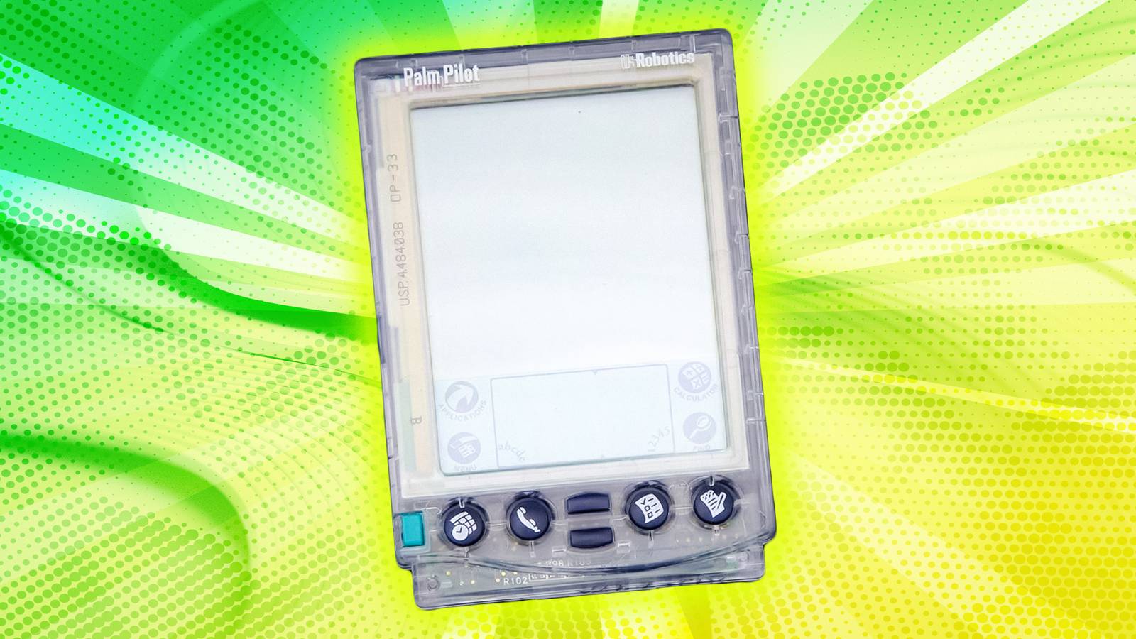 Palm Pilot against a green and yellow background. 