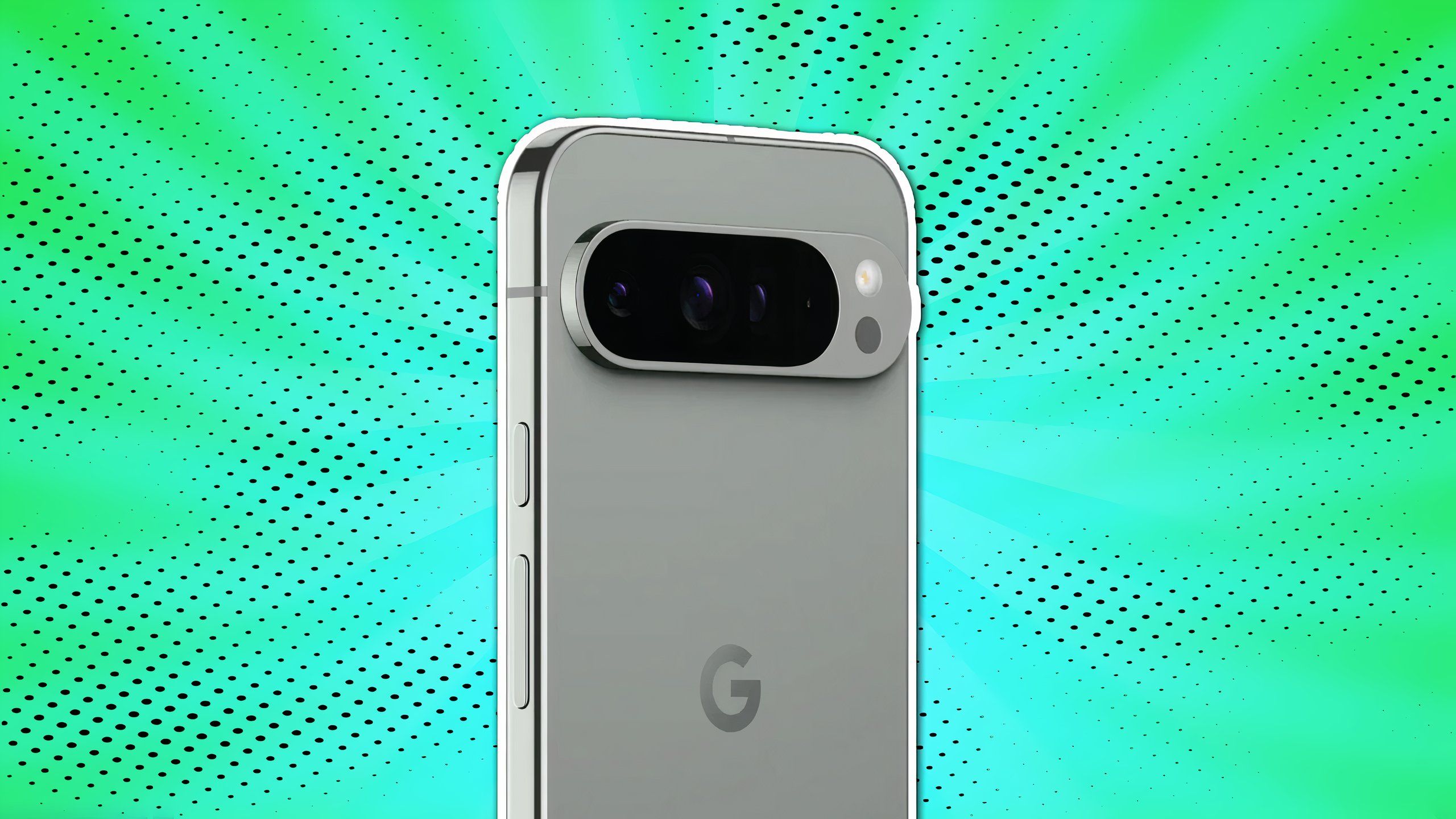 A Pixel 9 Pro over a speckled green background.