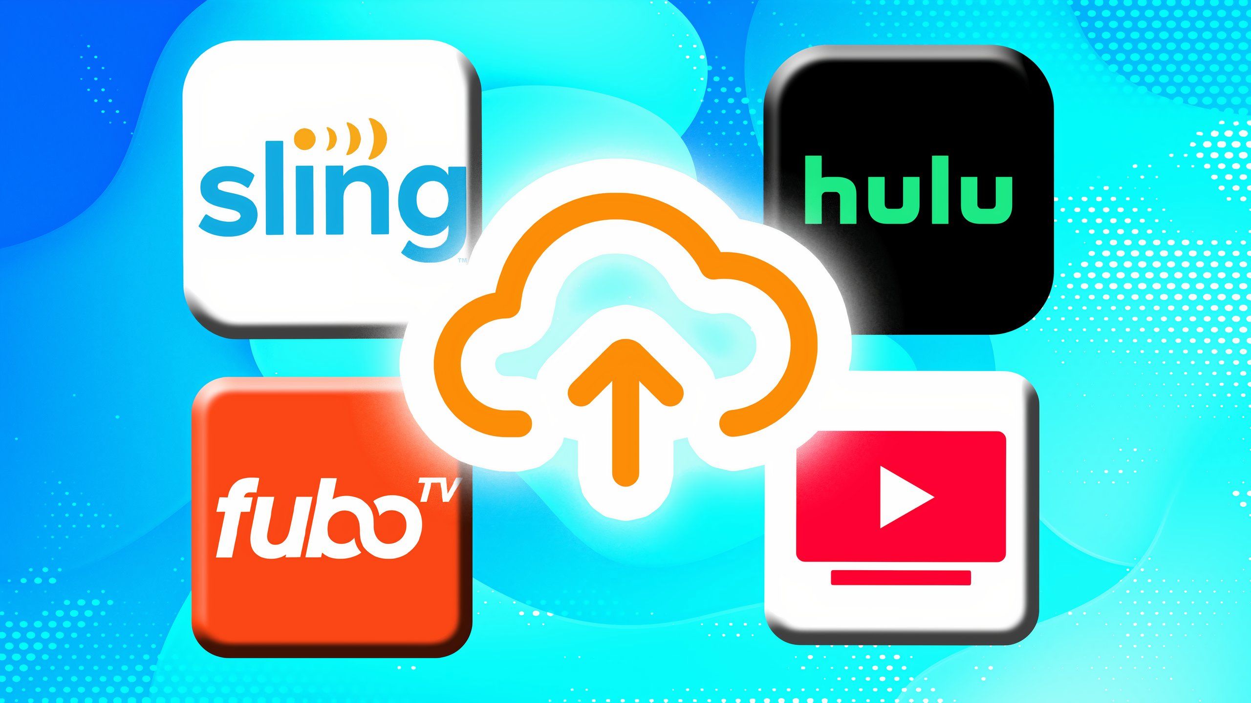 Four app icons with an upload to cloud icon in the middle of them. 