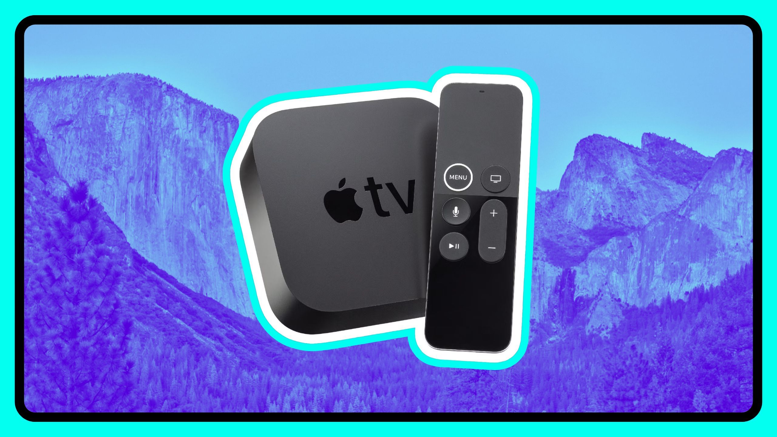 Apple TV and remote in front of Yosemite. 