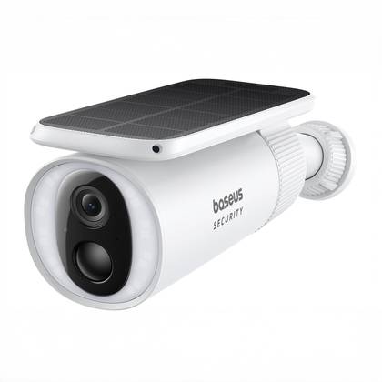 White security camera with a solar panel