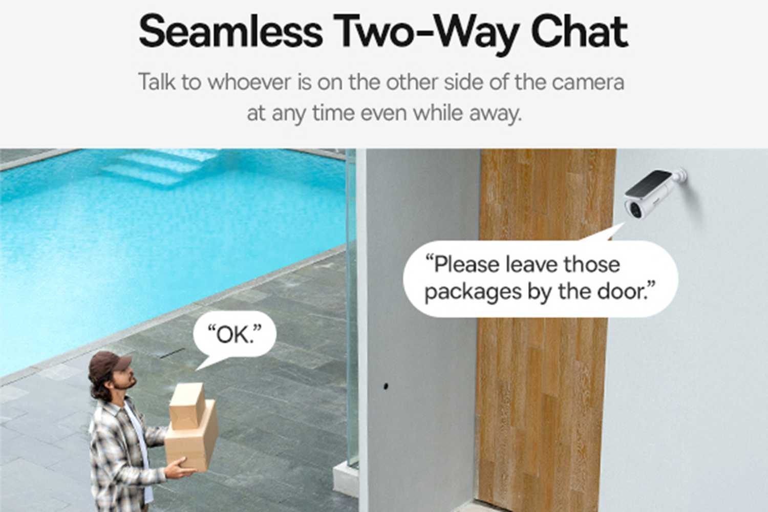 A delivery person brings a box to a door with a security camera