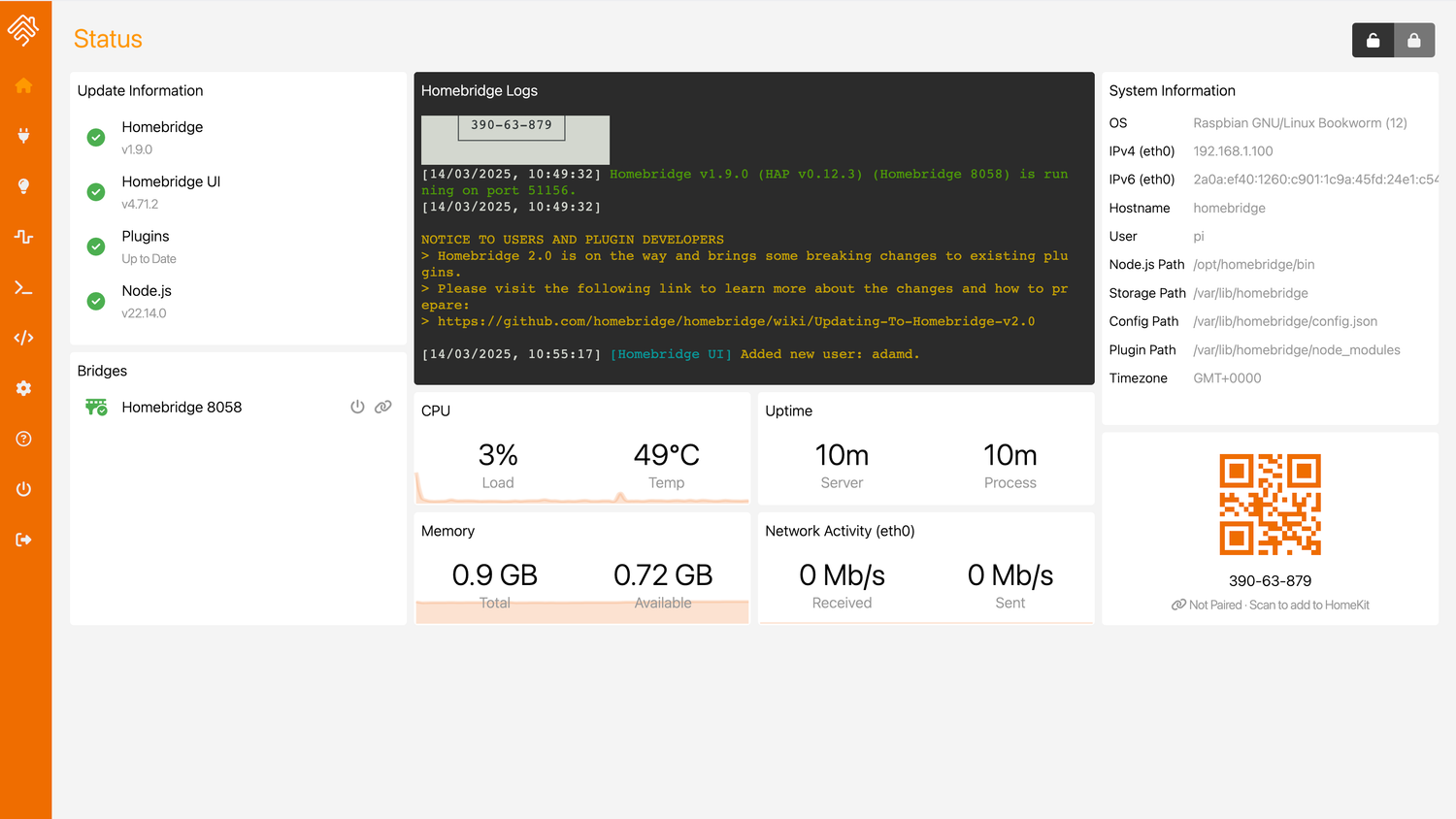 The Homebridge interface home screen in a browser.
