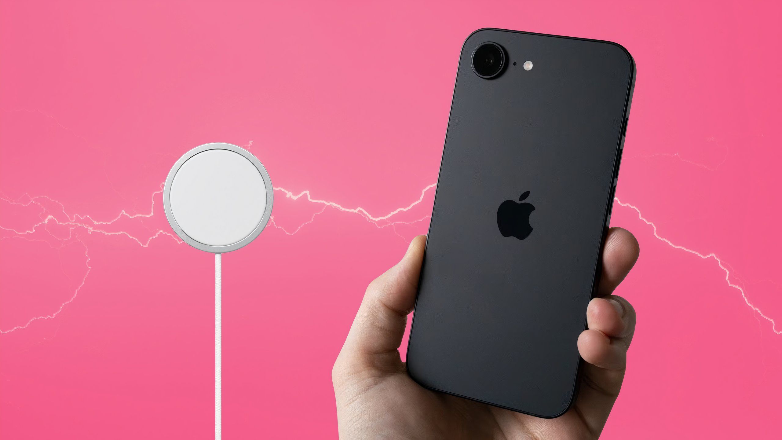 A MagSafe charger next to an iPhone 16e over a red electric background.