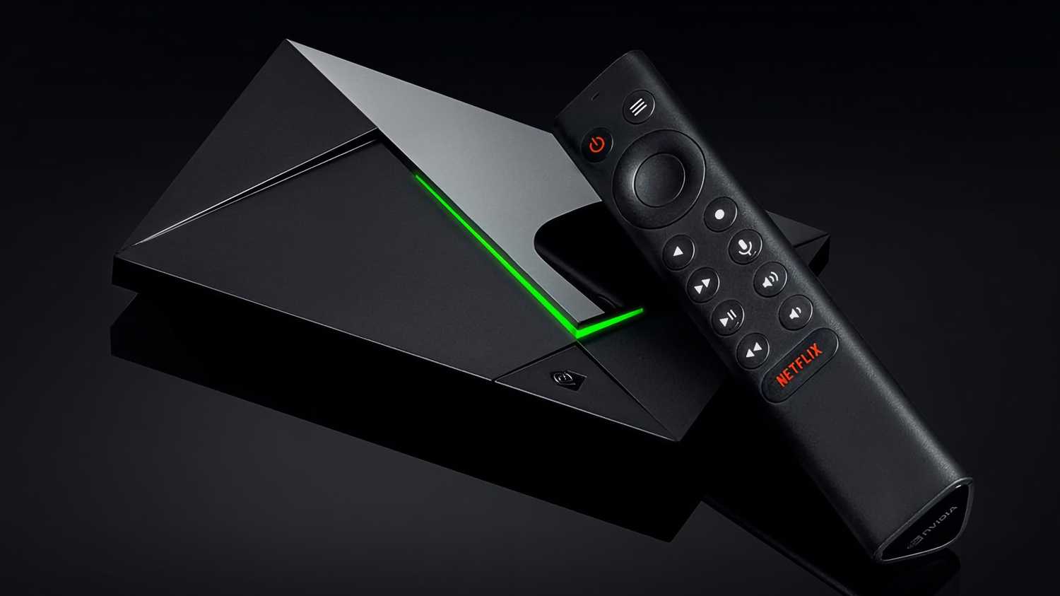 Nvidia Shield TV Pro with its remote. 