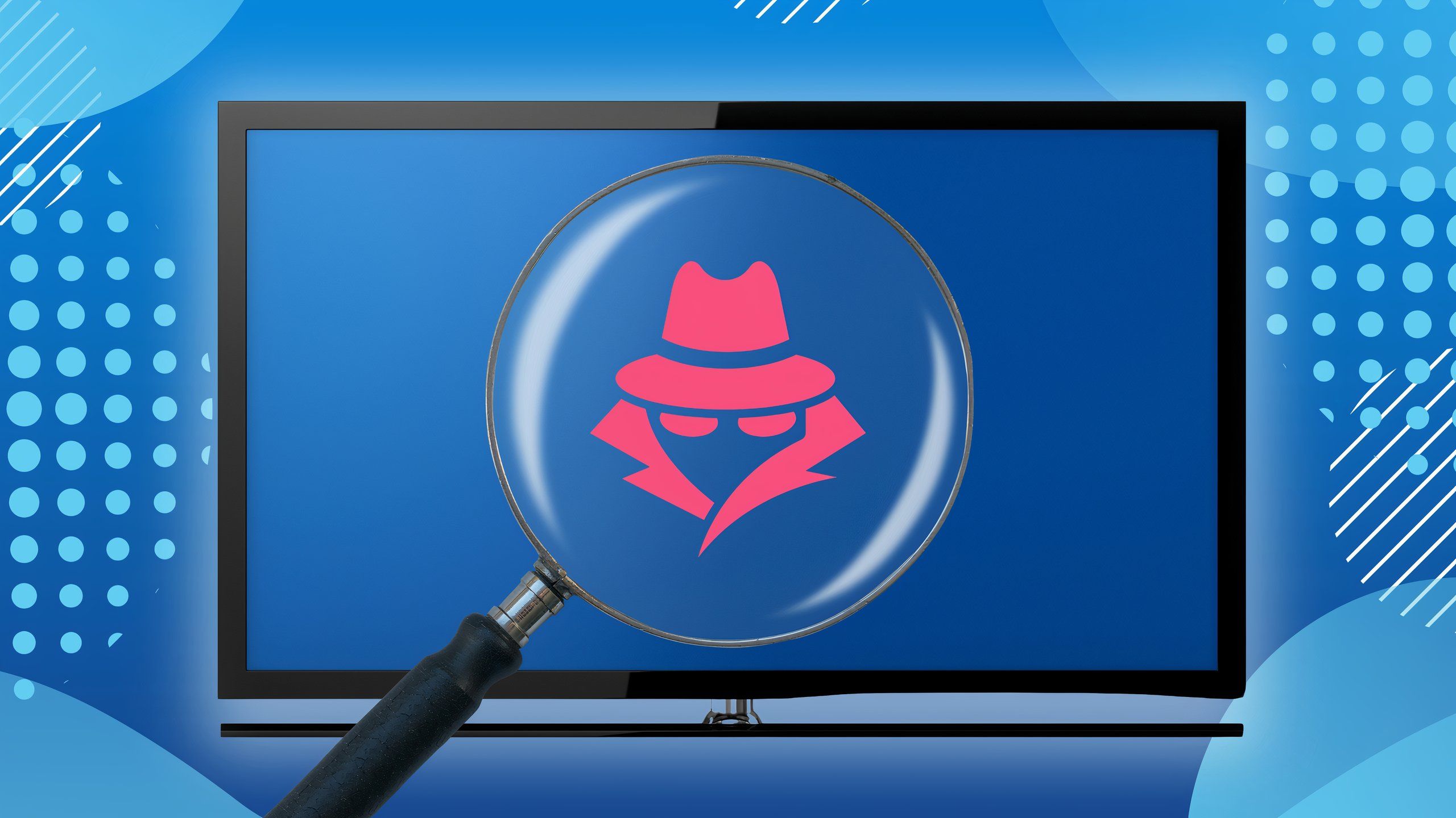 Graphic design image of a person in a secretive hat within a magnifying glass on a blue TV screen to indicate suspicion.