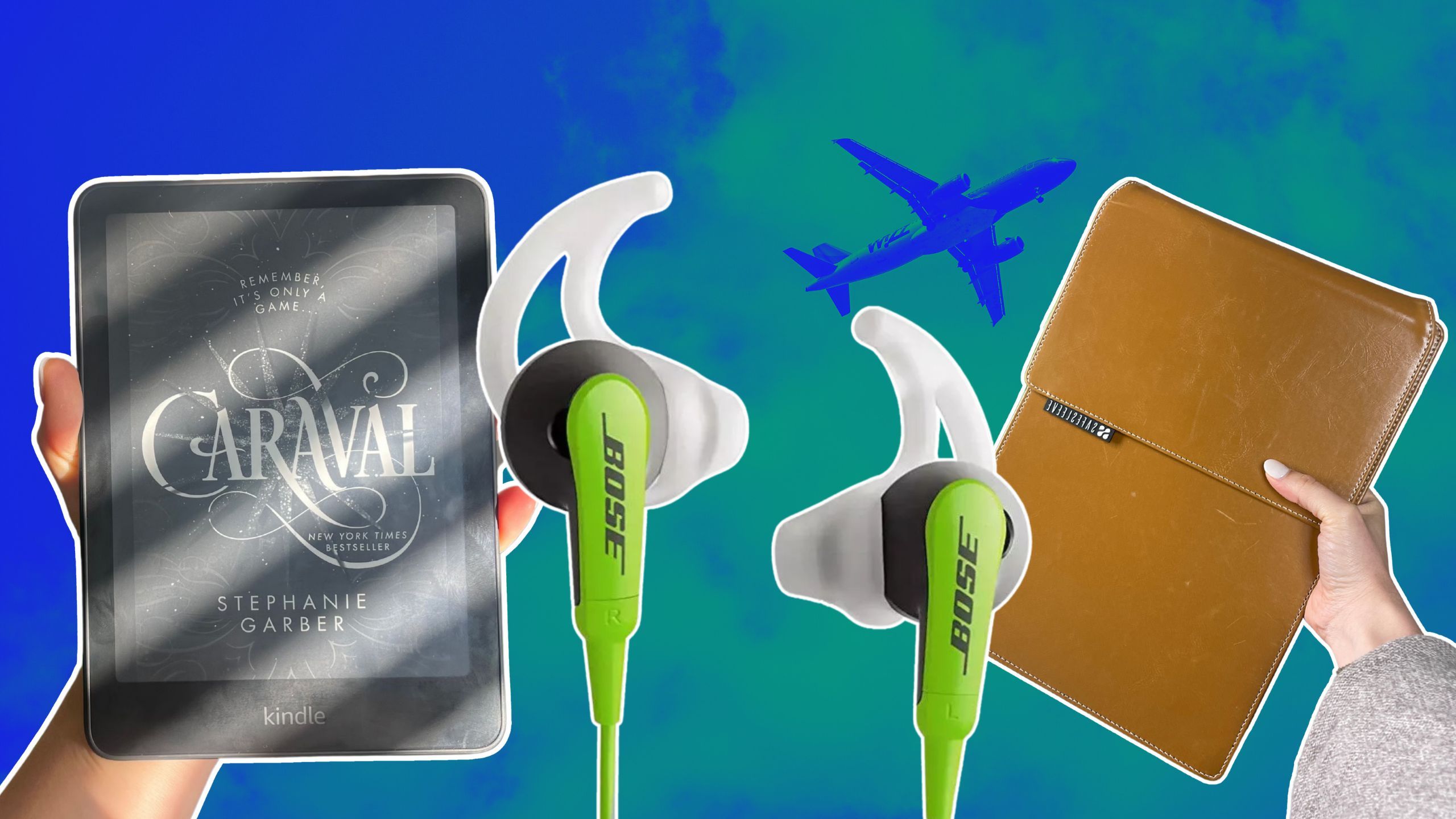 A Kindle, laptop sleeve, and wired headphones. 