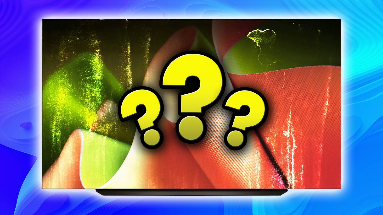 Tv screen with distorted image and question marks on the image