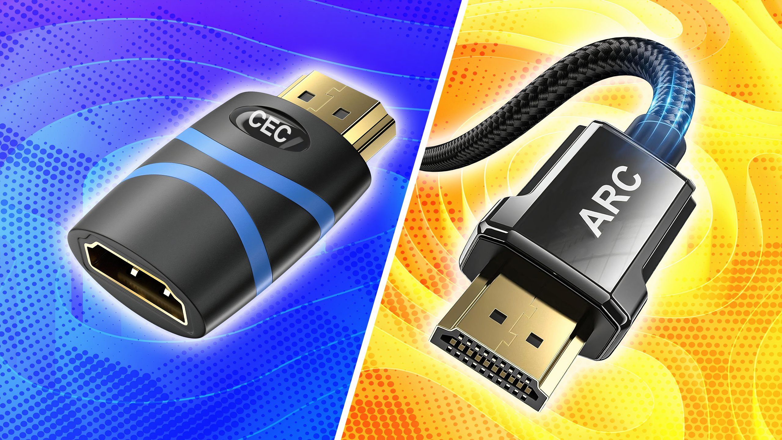 An HDMI cable with the letters ARC on it to the right of a thumbdrive with the letters CEC on it.