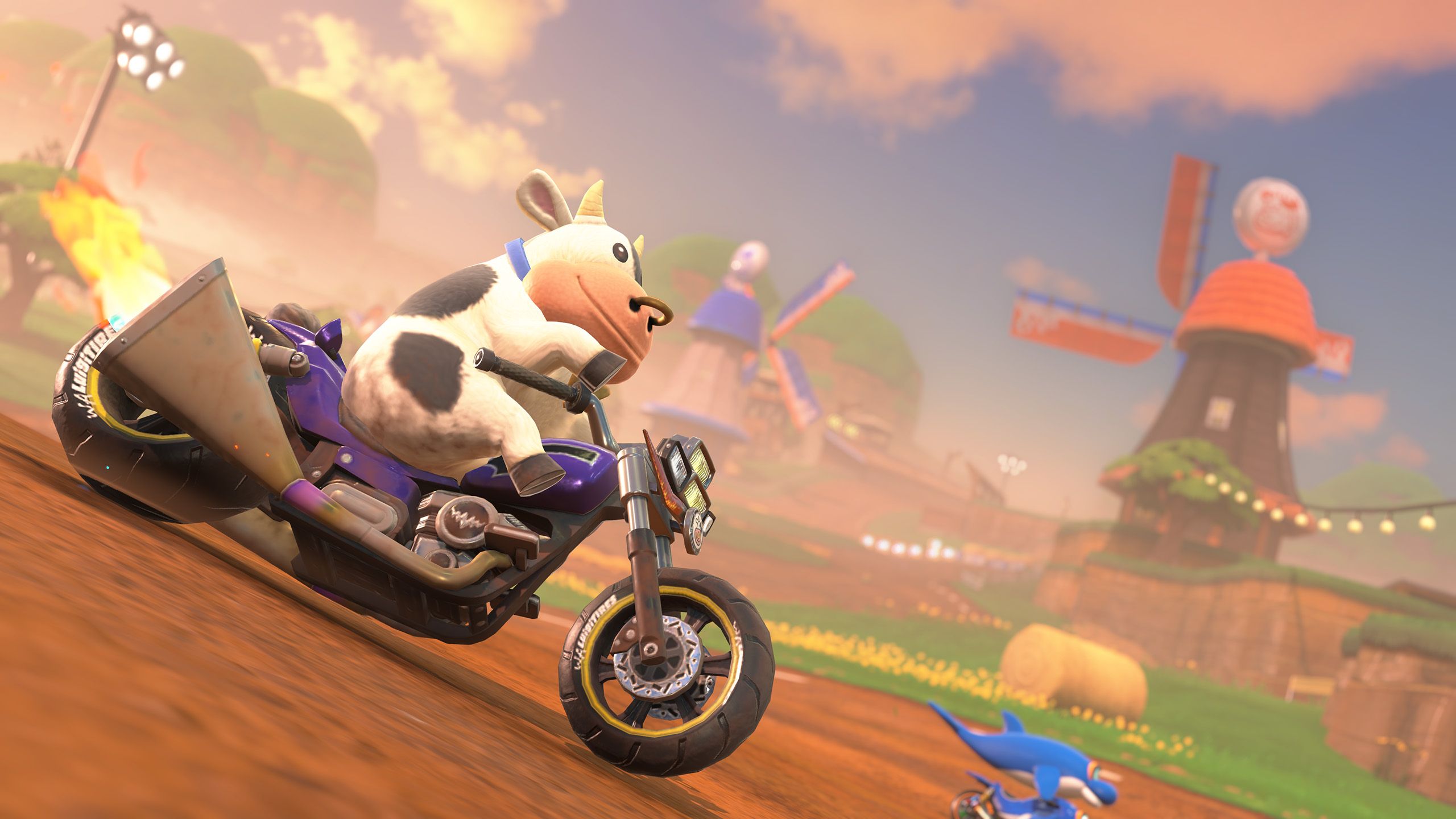Mario Kart World's Cow killing it on a motorcycle