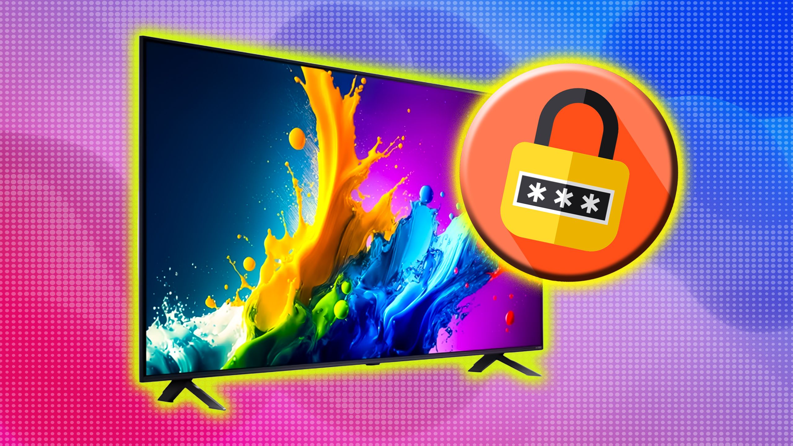 A TV with a colorful image on it behind an icon of a closed lock