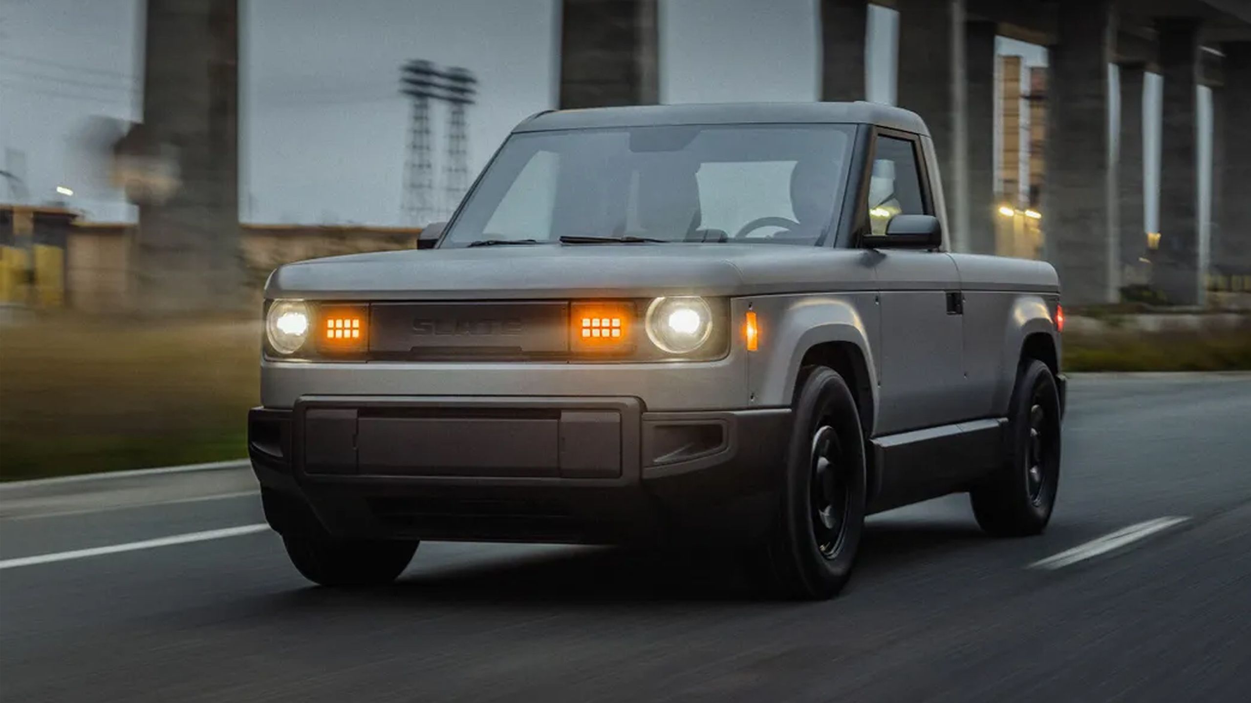 A Slate truck on the road.