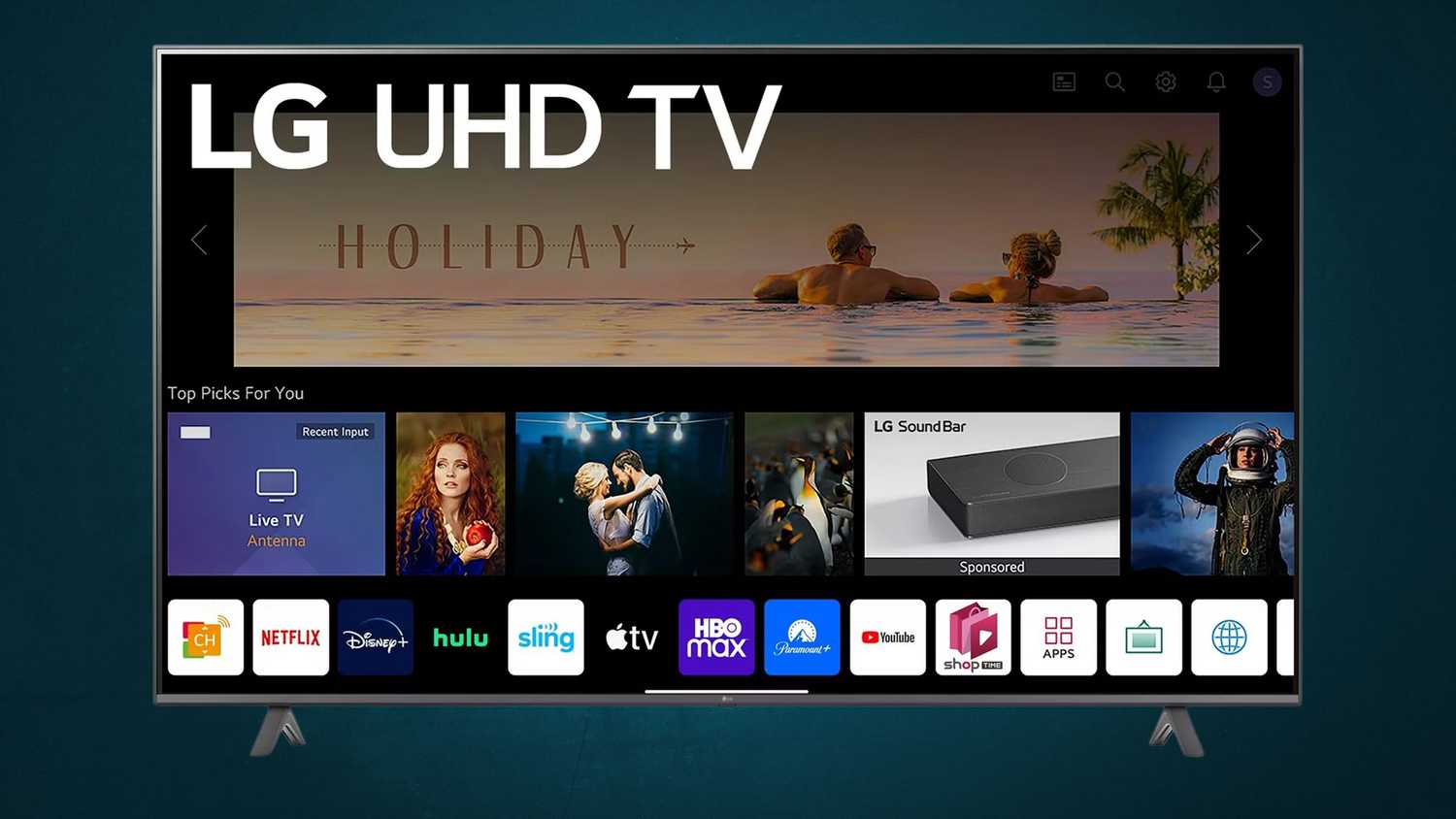 LG 70 TV on a blue background. 