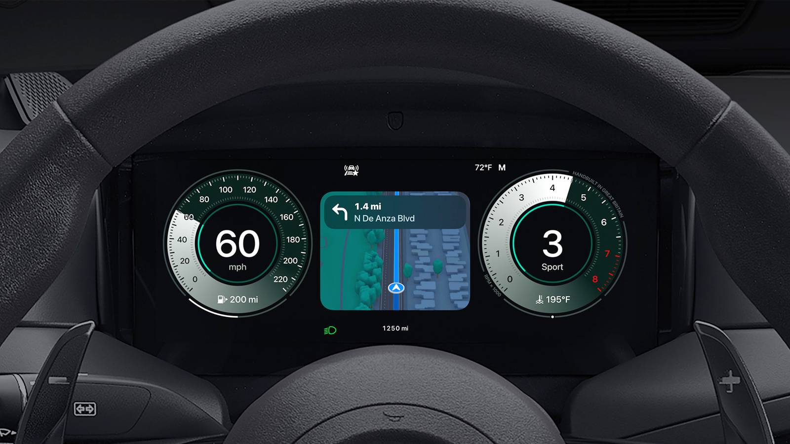 Apple Maps on an instrument cluster in CarPlay Ultra.
