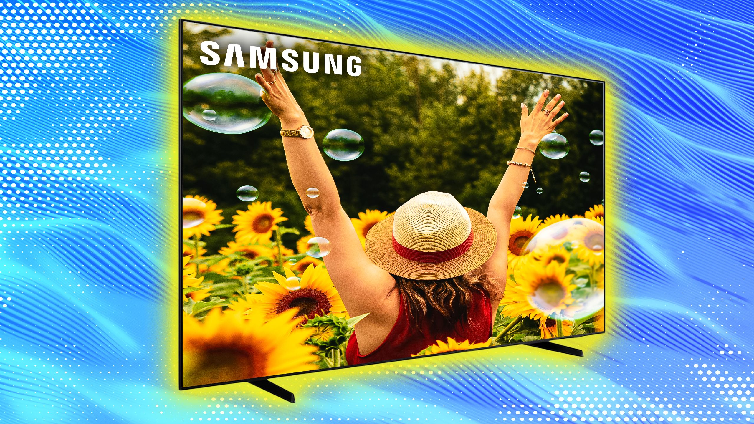 A woman in a sunflower field on a Samsung TV. 