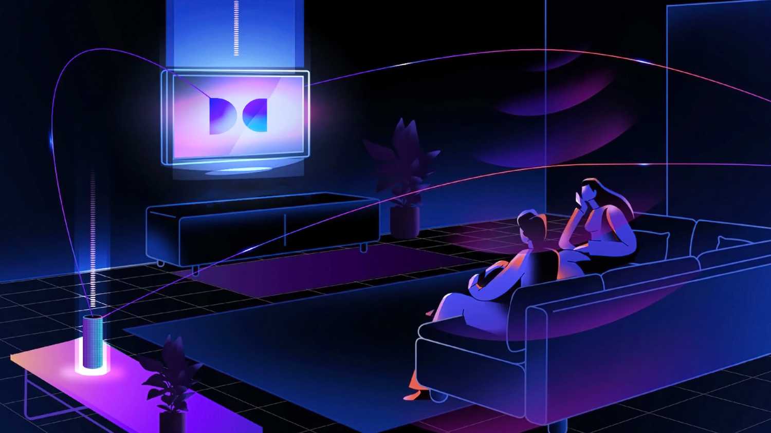 A graphic simulating Dolby Atmos FlexConnect.