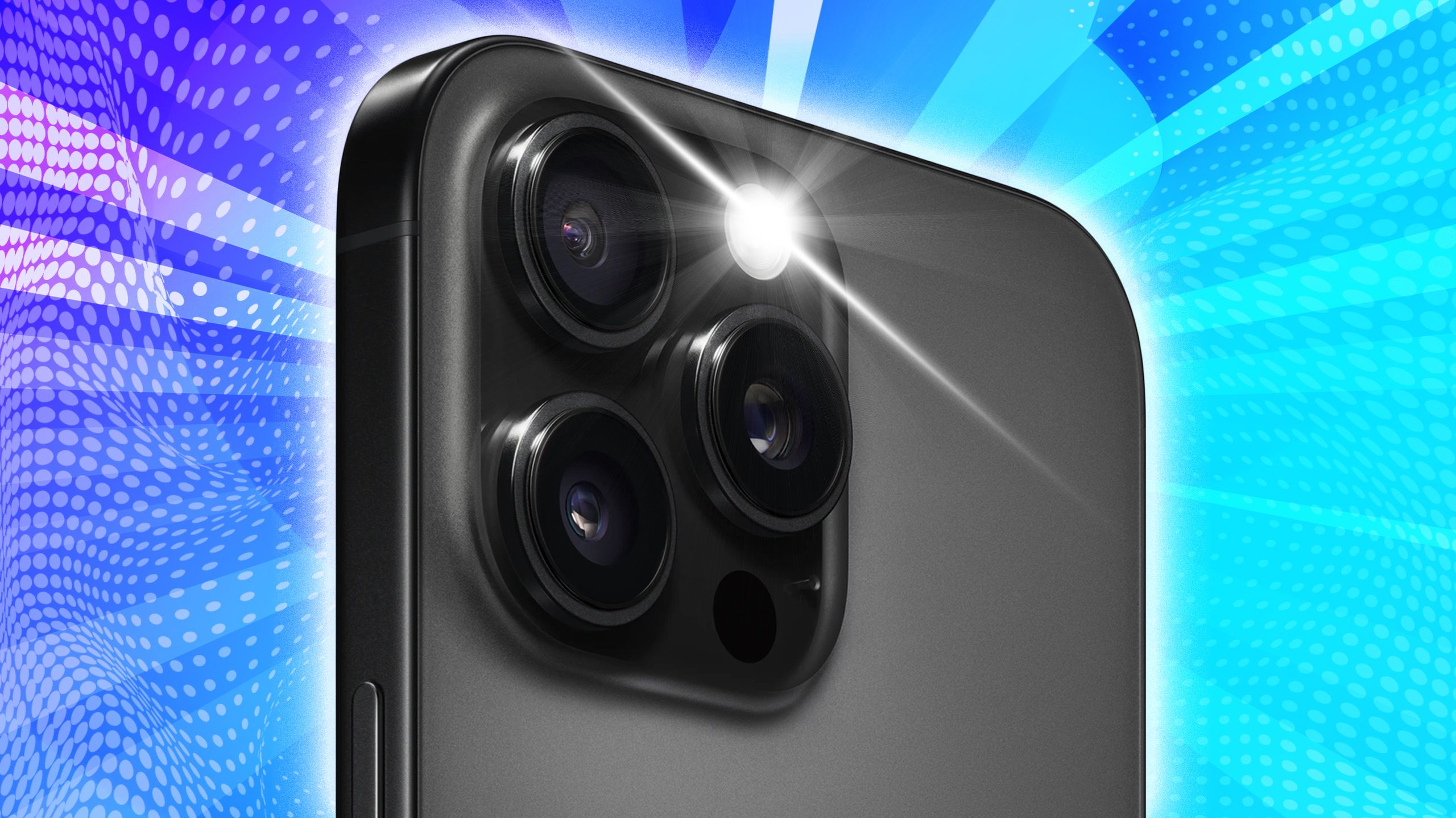 An iPhone 16 Pro with the flash going off. 