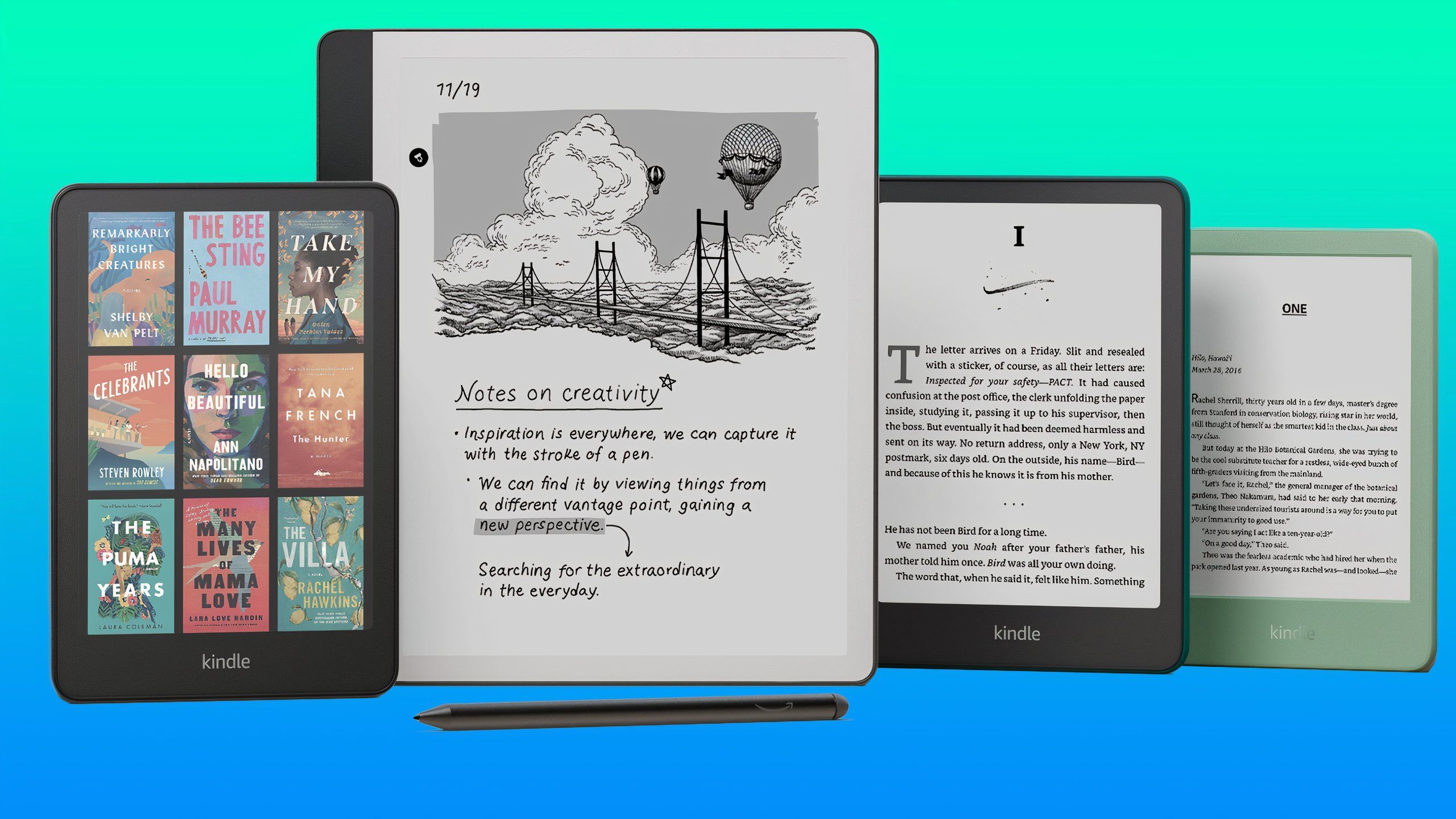 The Kindle Colorsoft, Scribe, Paperwhite, and normal Kindle on a gradient background.