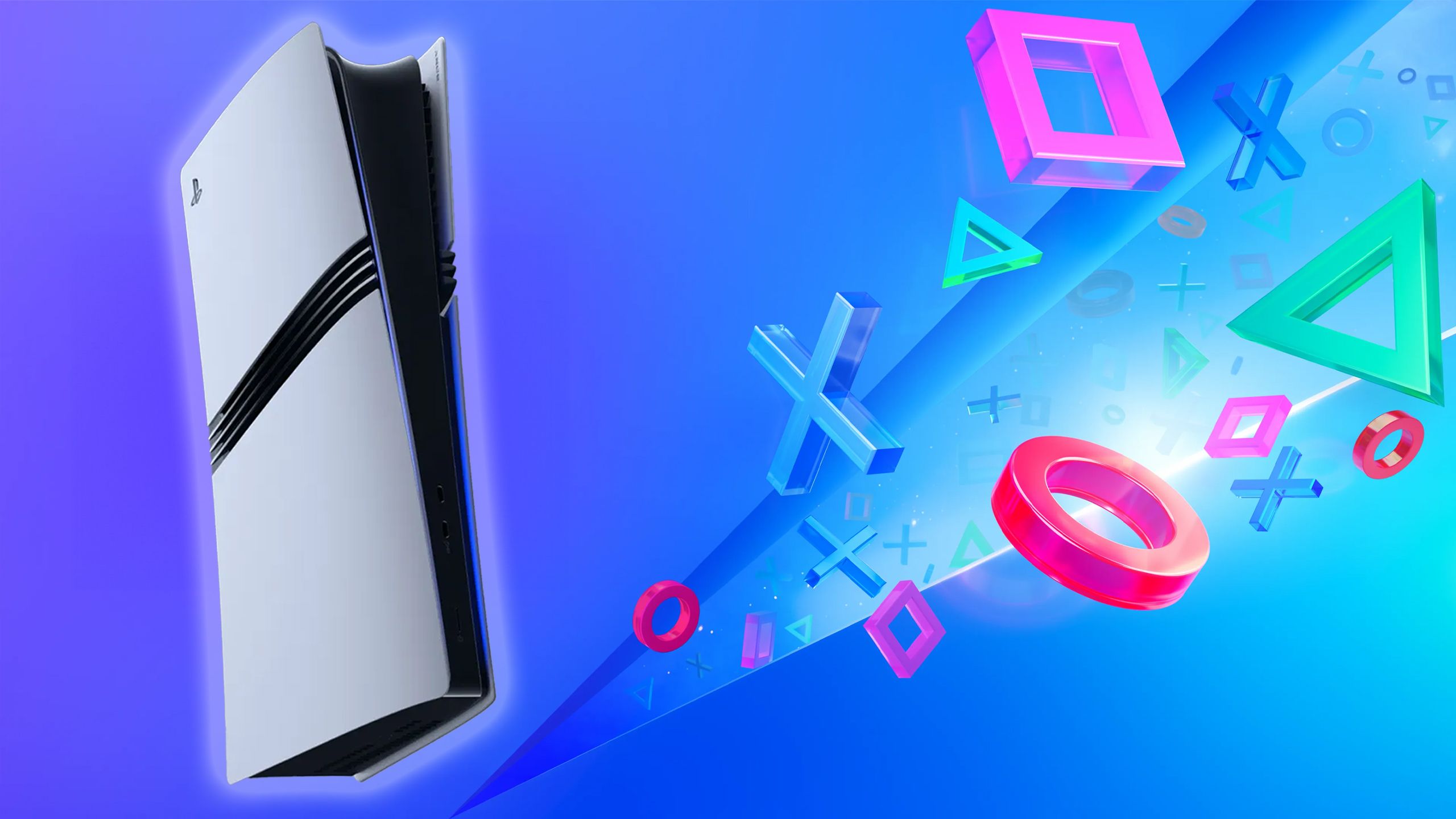 PS5 PRO next to floating controller icons on blue background.