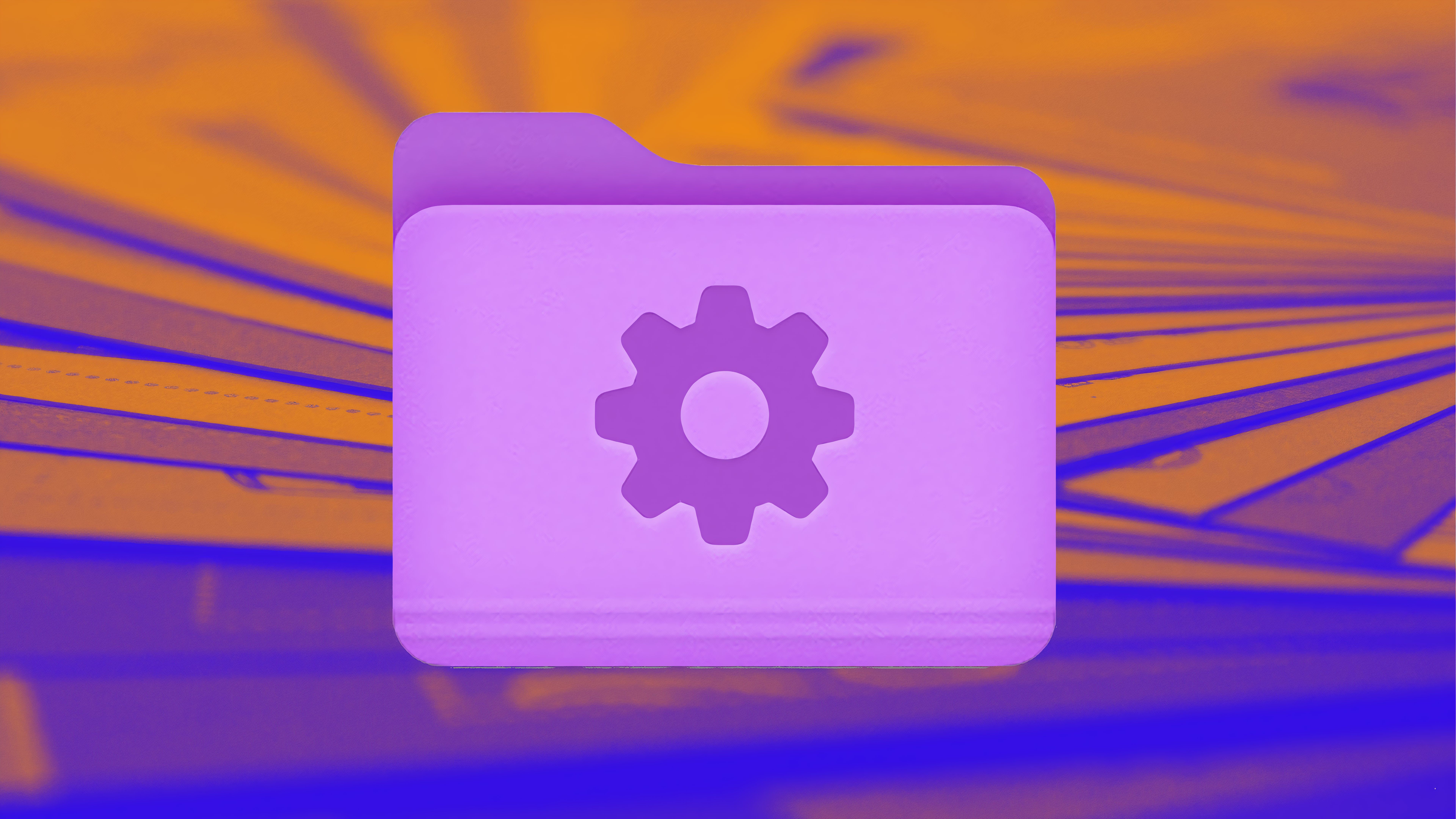 A blue folder with a gear on it over a blue and orange background of file folders.