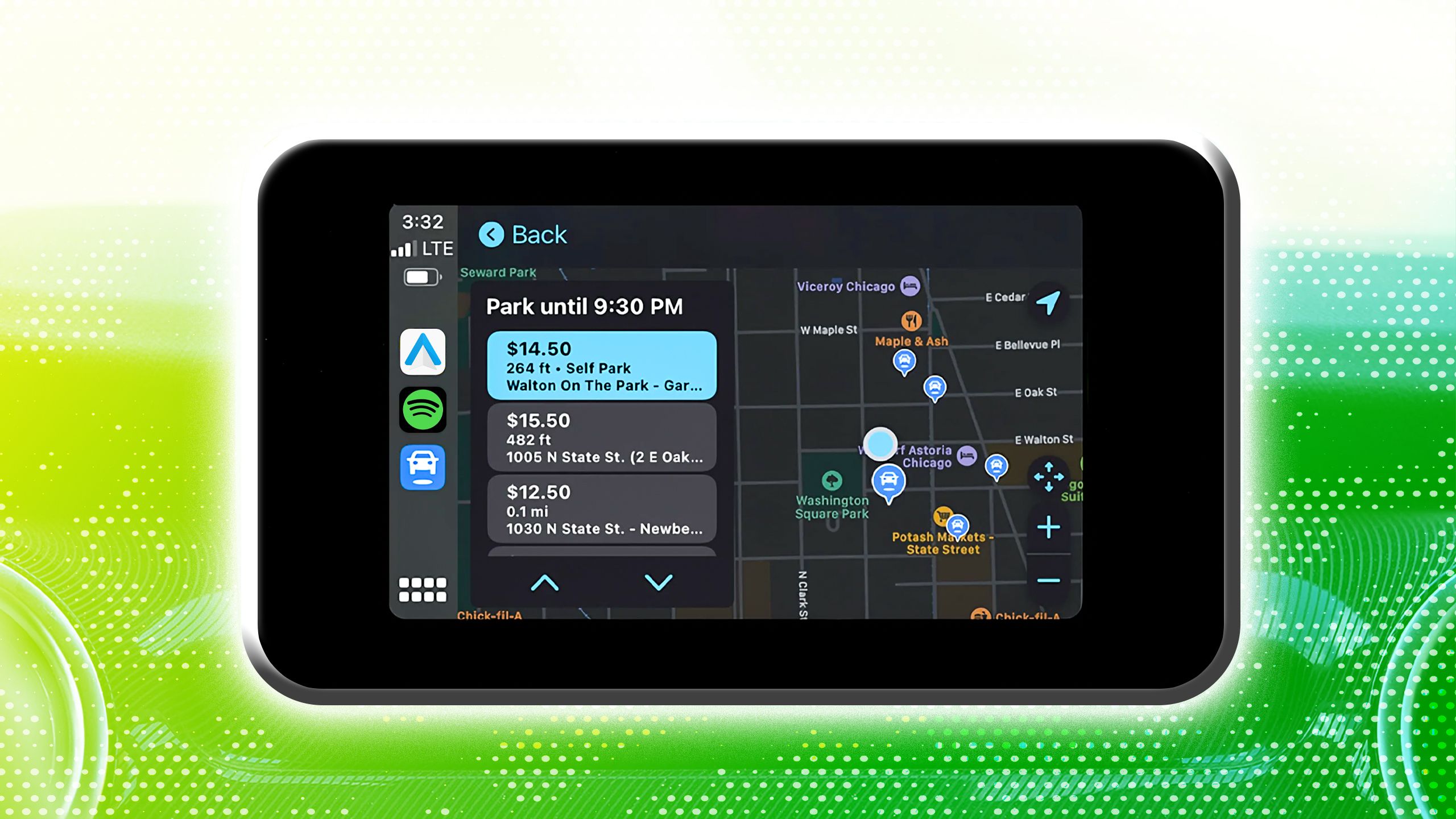 Image of the SpotHero app on Android Auto screen.