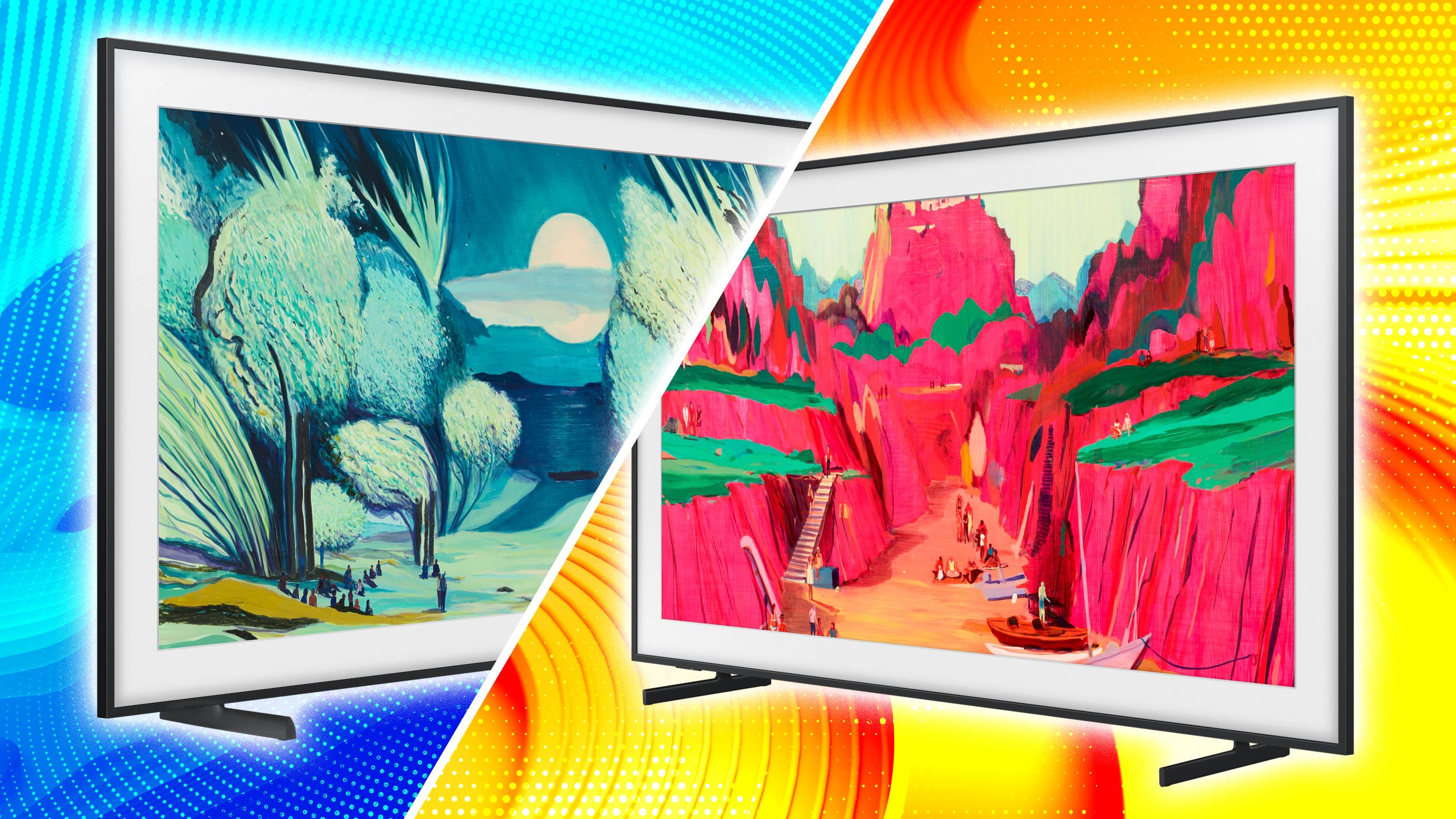 Samsung The Frame and Frame Pro side by side against a colorful background