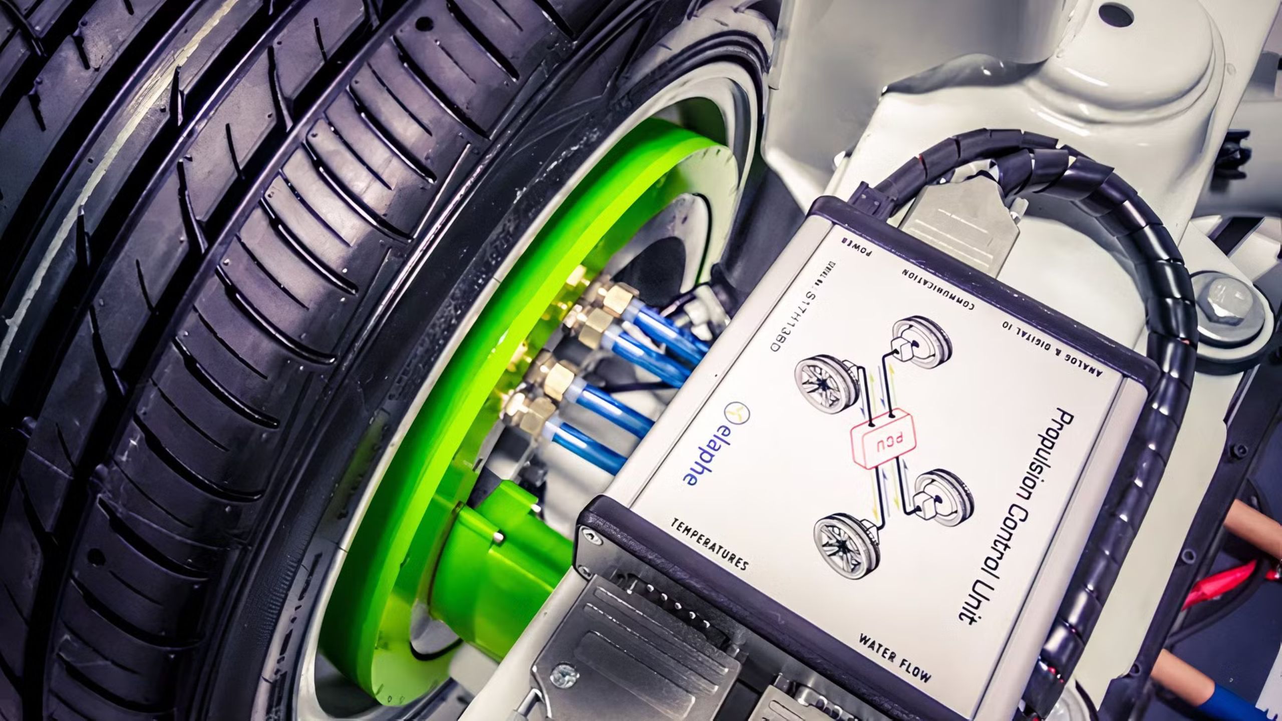 An Elaphe in-wheel PCU powertrain skeleton in the factory. 