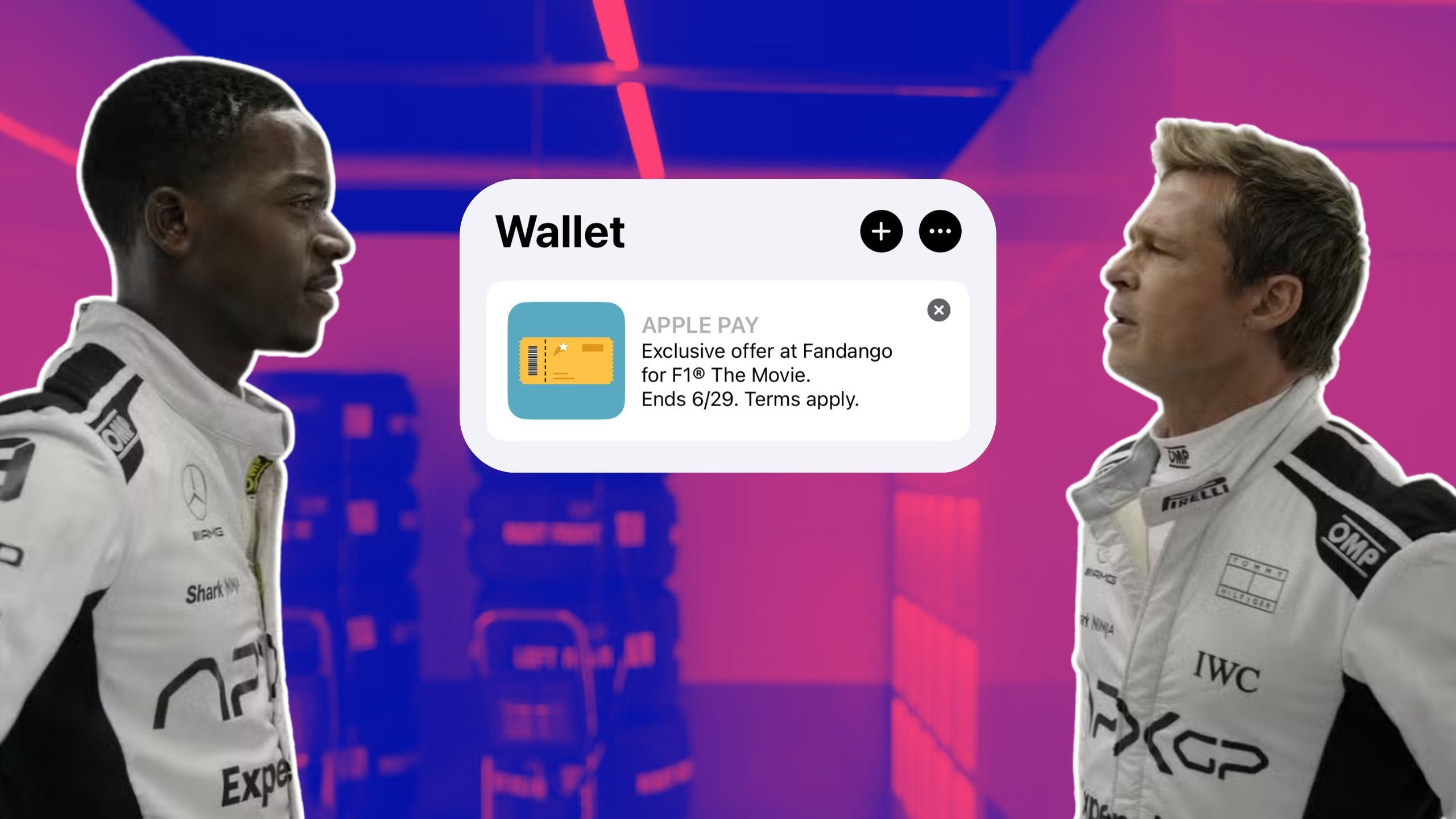 Two men looking incredulously at a Apple Wallet notification. 
