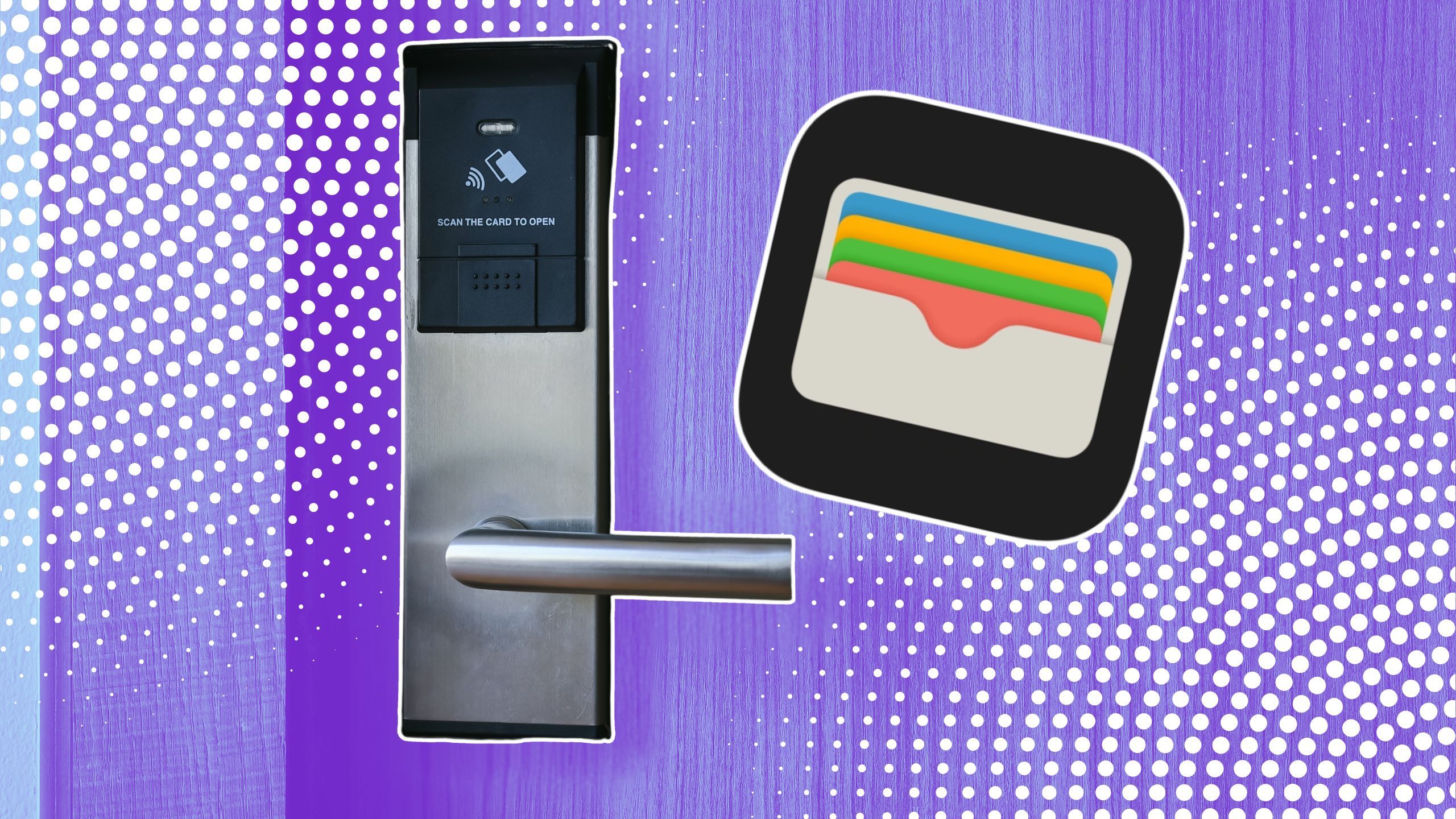 A hotel room door and Apple Wallet. 